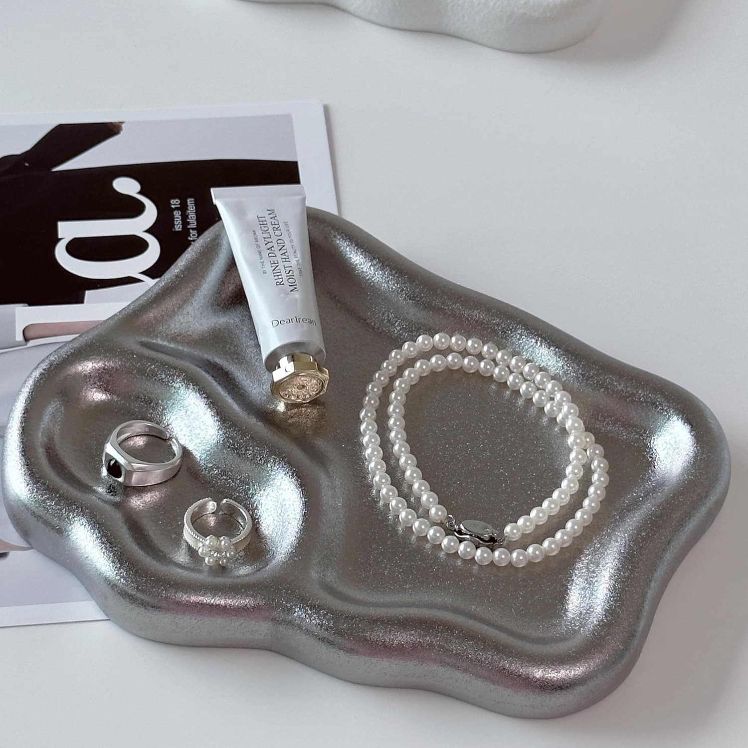 Ceramic Jewelry Tray Dish Large-sized Display Organizer Trinket Watch Keys / Silver