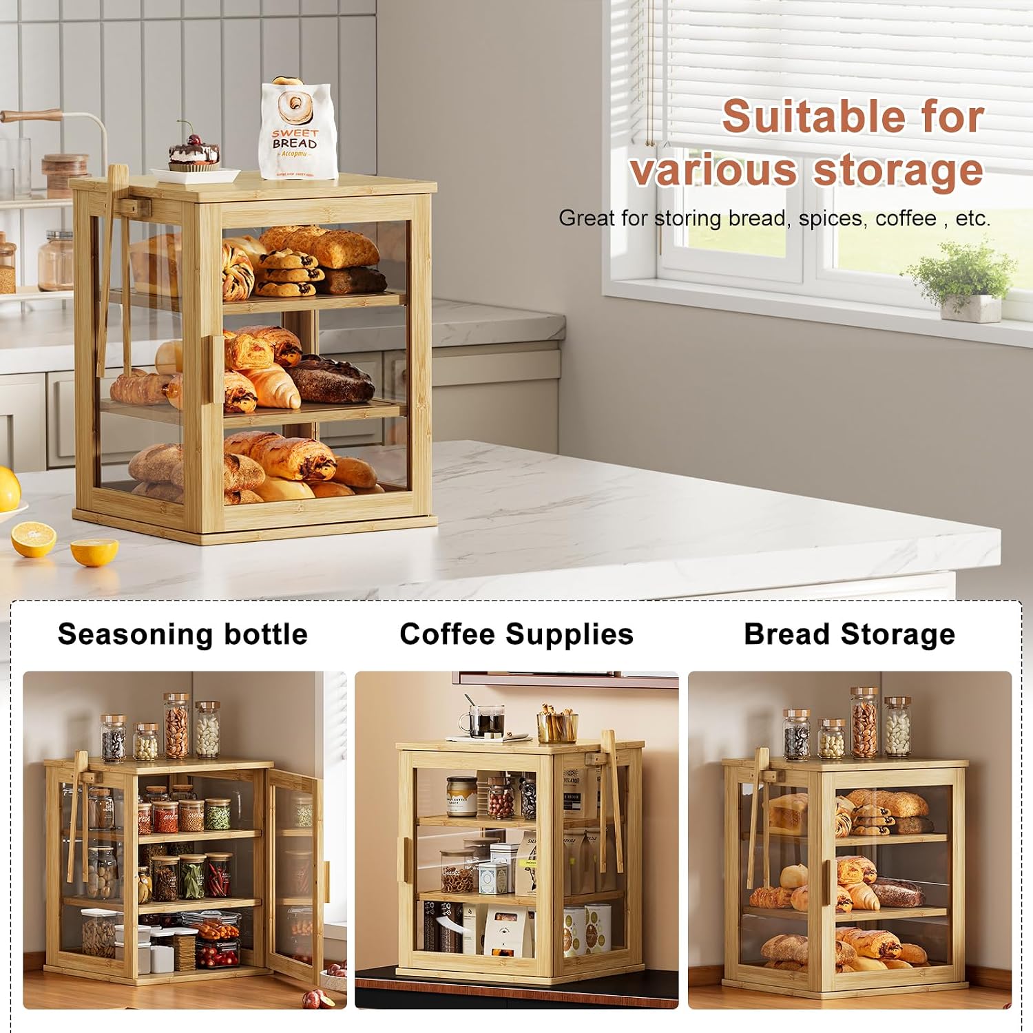 WOWLIVE Bread Box for Kitchen Countertop, 3 Layers Bread Storage Container | Large Bamboo Bread Bin for Homemade Bread