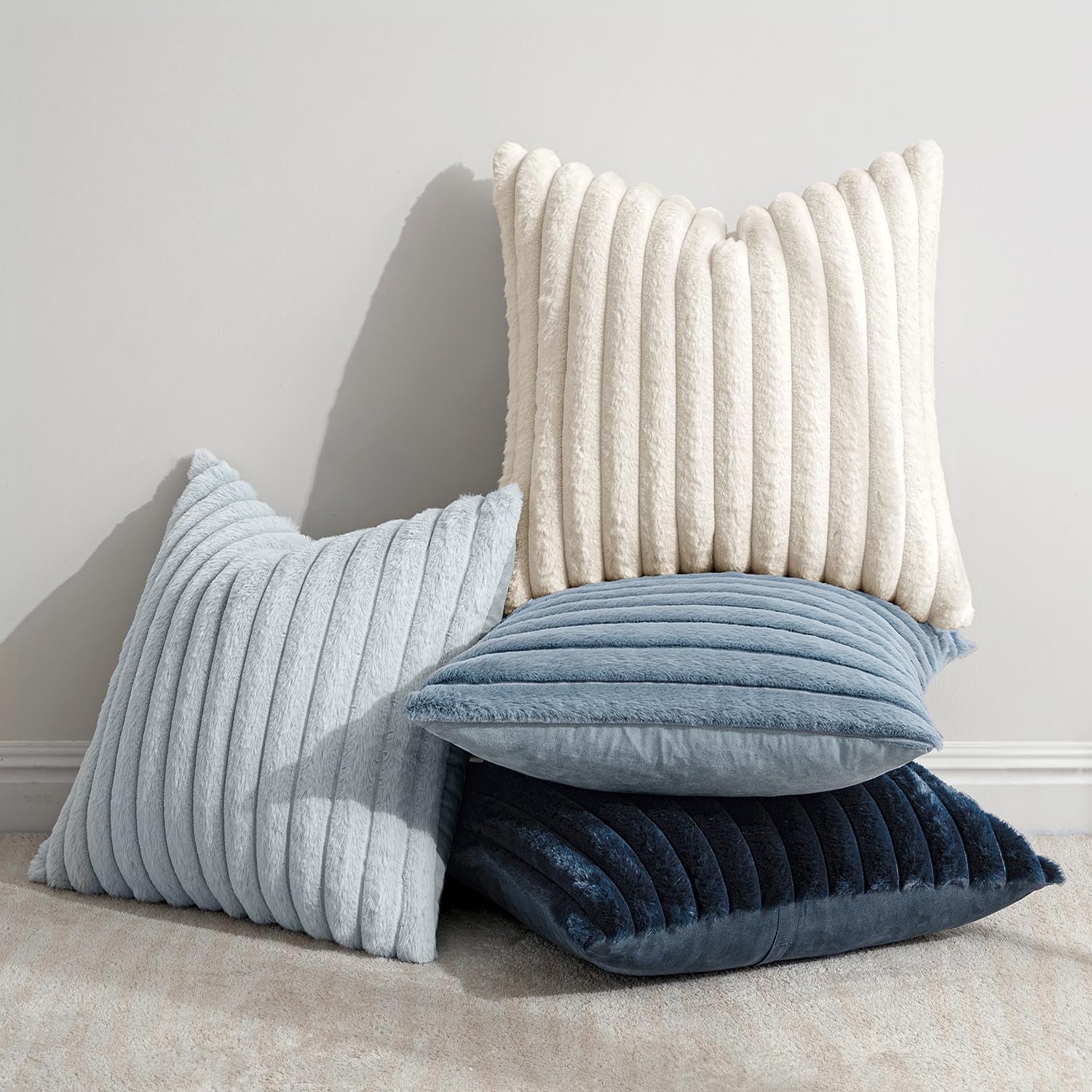 Faux Fur Plush Decorative Throw Pillow Covers / 18 x 18 / Navy Blue / Set of 4