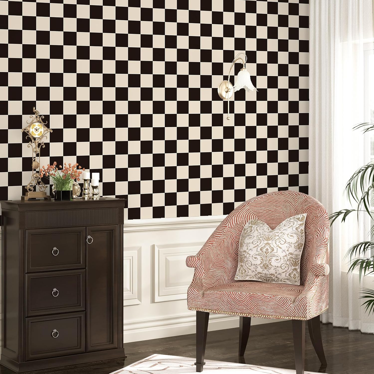 Vintage Black and Beige Checkered Wallpaper Peel and Stick Checkered / Black Beige / 17.5 x 118