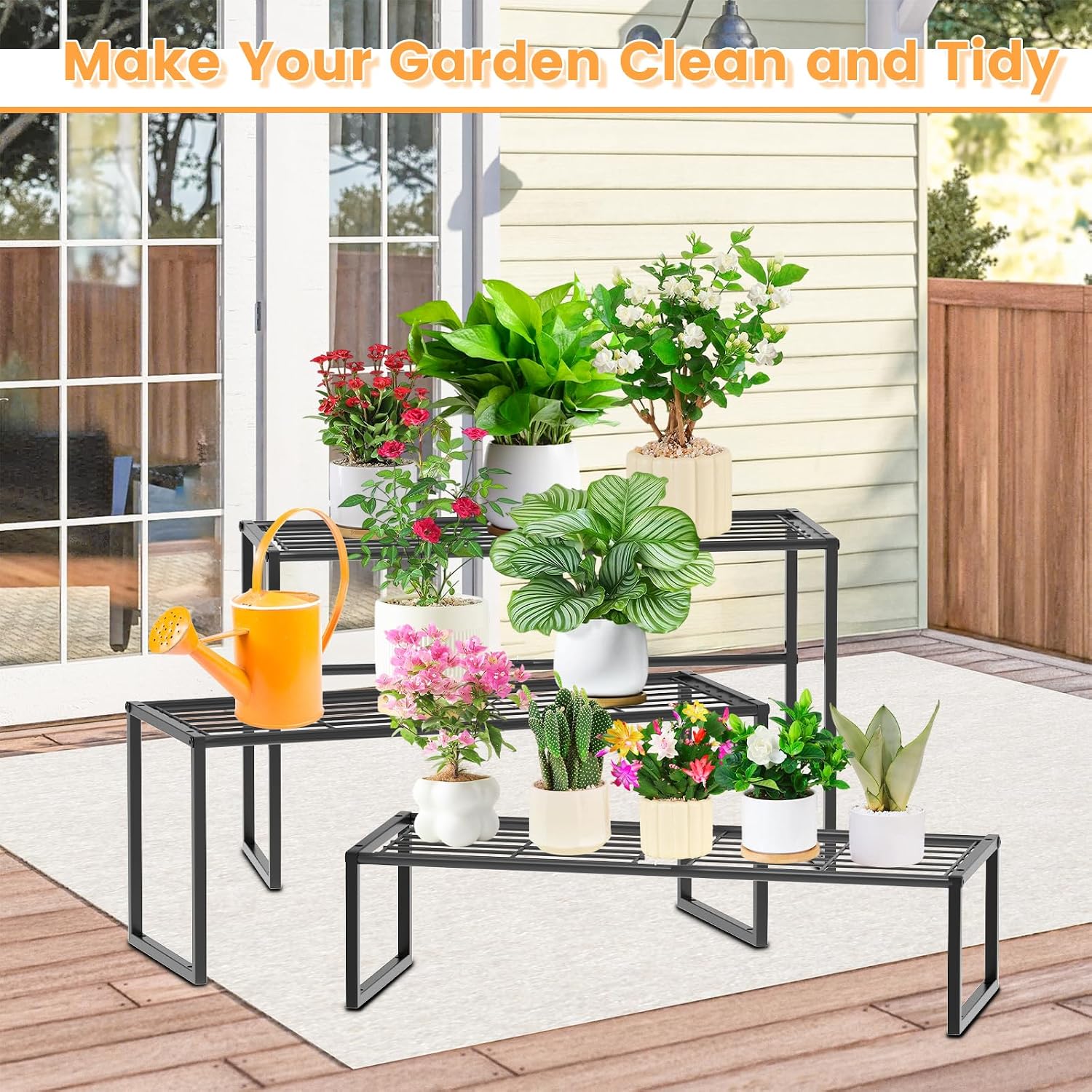3 Tier Metal Plant Stand Indoor Outdoor, Potted Multiple Flower Pot Holder Rack Plant Shelf, Heavy Duty Planter Display