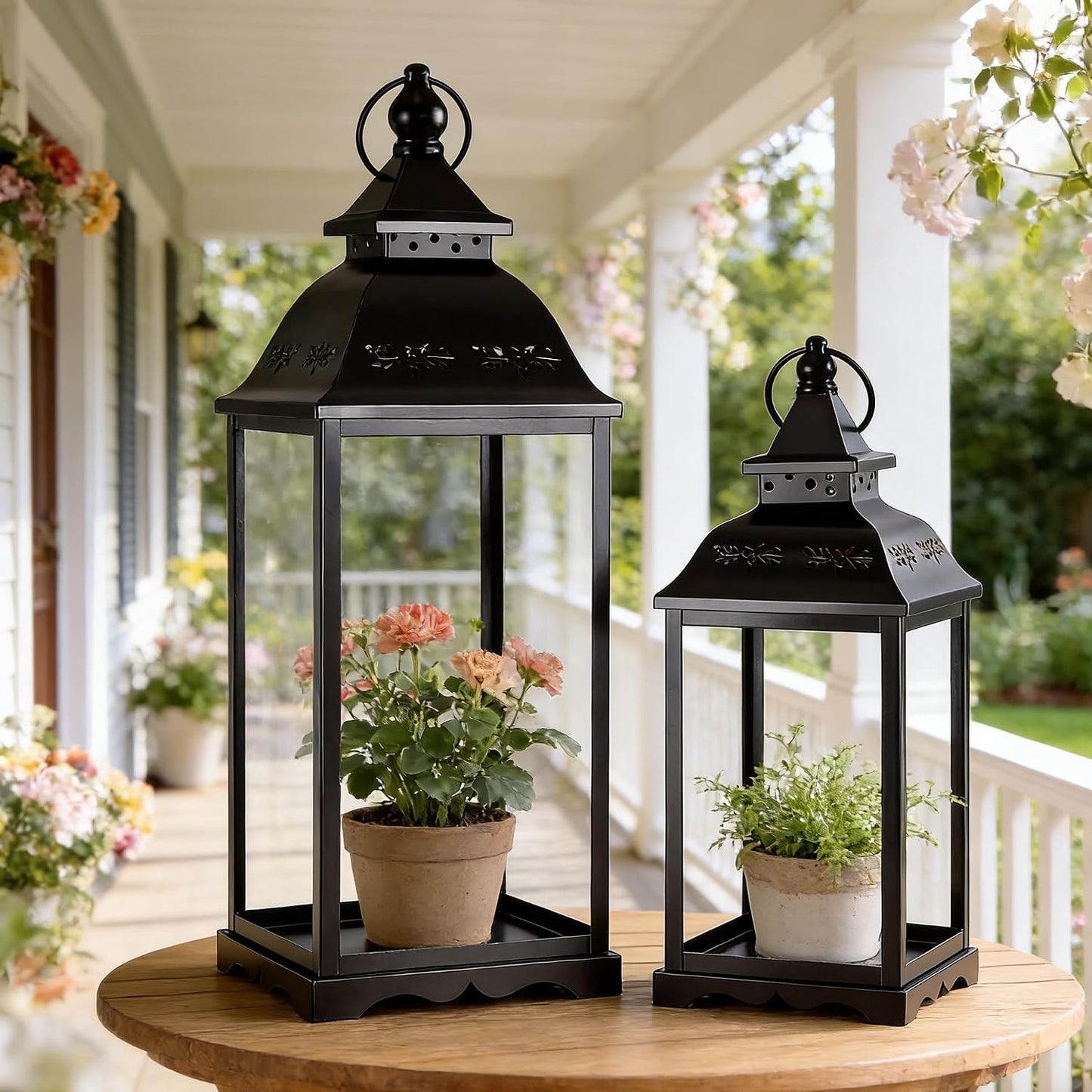 Decorative Candle Lanterns Set of 2, Black Metal for Indoor & Outdoor | Ideal For Porch, Entryway, Wedding & Christmas