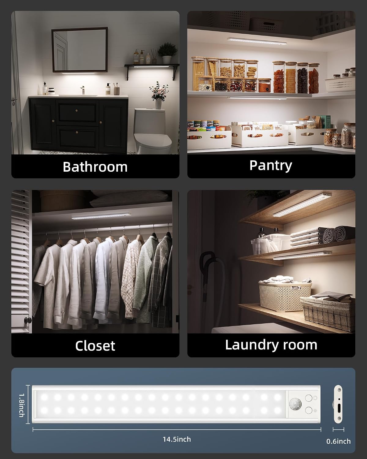 14.5-inch Under Cabinet Lights, Wireless Closet Light, Motion Sensor, 3500mAh Rechargeable Battery, Magnetic, 3 Color