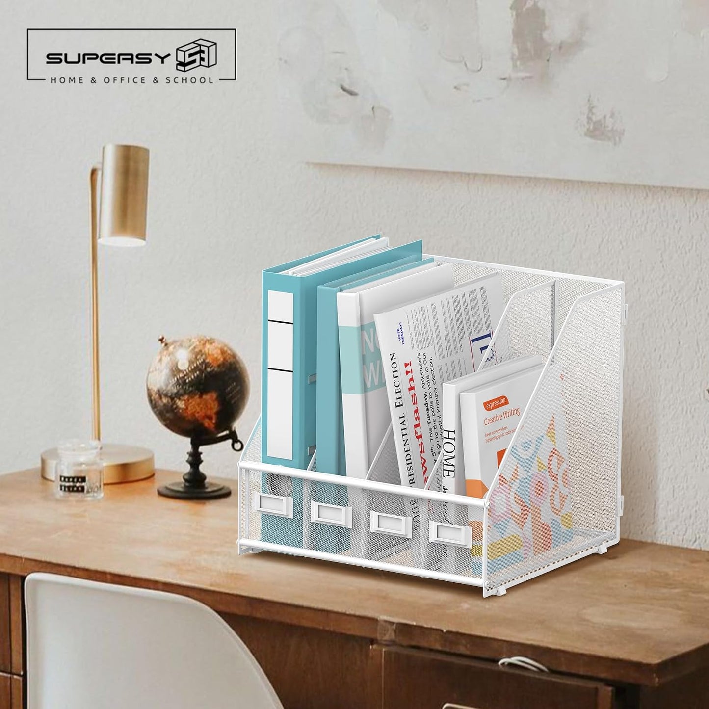4-Compartment Magazine File Holder and File Organizer for Desk, White | Metal Magazine Holder and Magazine File Holder