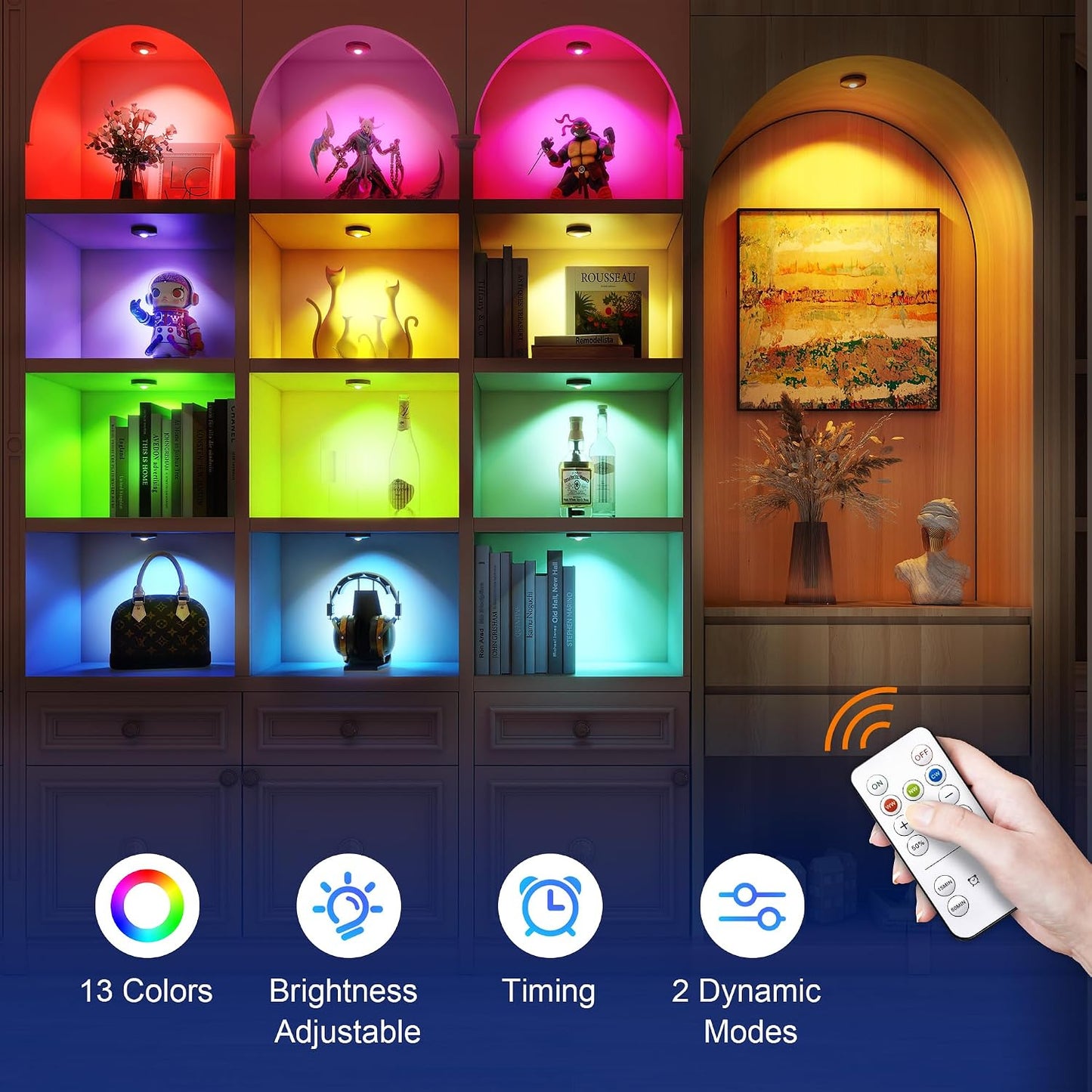 UNUSROOM Rechargeable RGB Puck Lights with Remote Control, Wireless Under Cabinet Lighting,13 Color Changing Lights