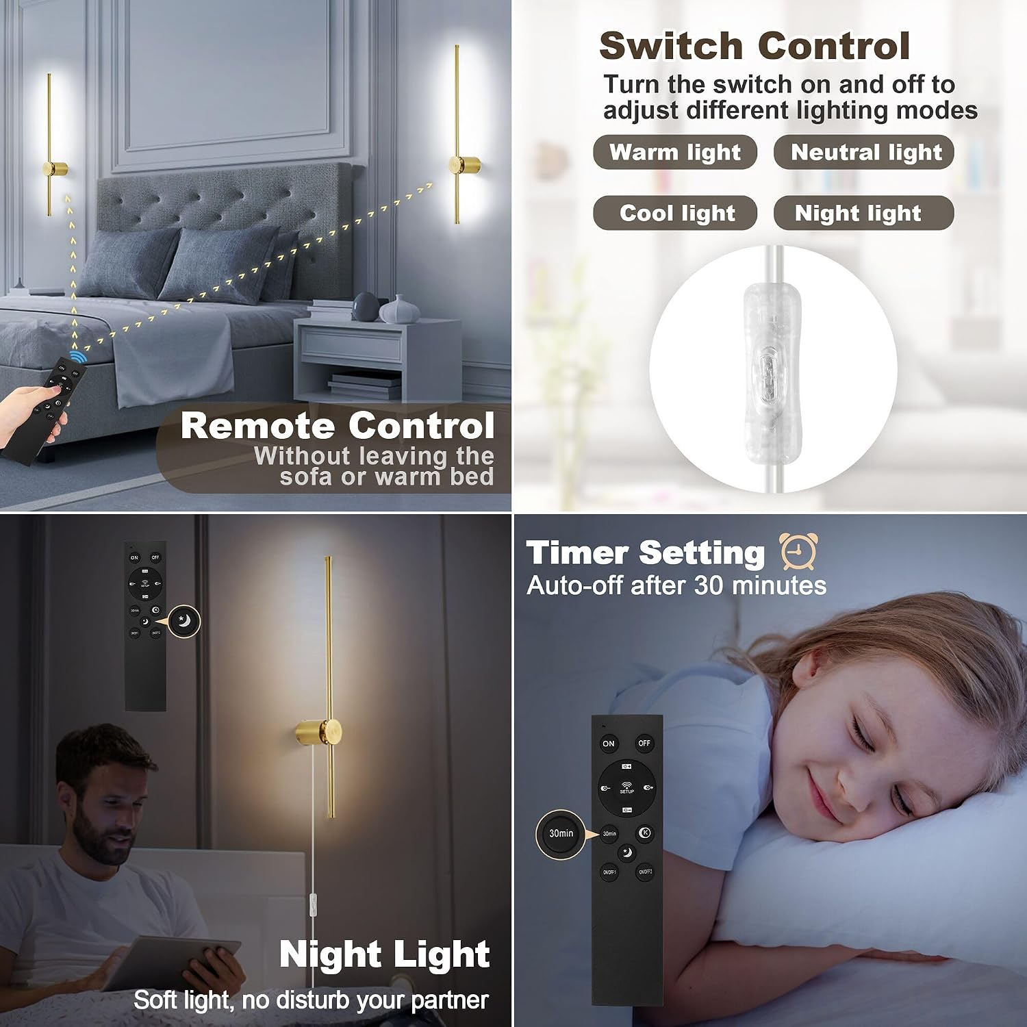 GOODATE Wall Sconces Set of Two with Remote, Stepless Colors 3000K-6500K & Stepless Dimming, Hardwire or Plug-in, 180°