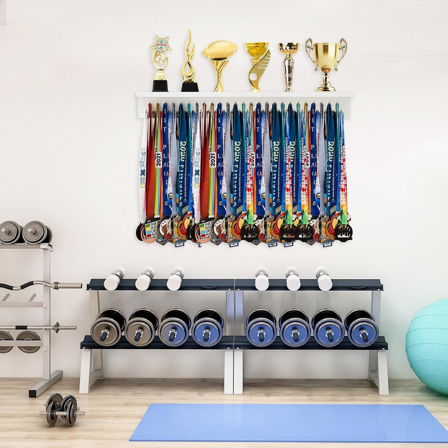 Wooden Medal Hanger Display Trophy Holder Shelf with 25/37/49/65/83 Hooks Wall Mount Ribbon Holder Gift for Gymnastics