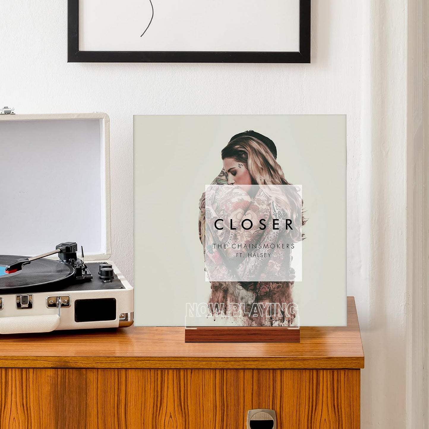 CoolGift Mart Now Playing Vinyl Record Stand, Light up Record Holder, Wooden Acrylic Display with Warm White Lights for