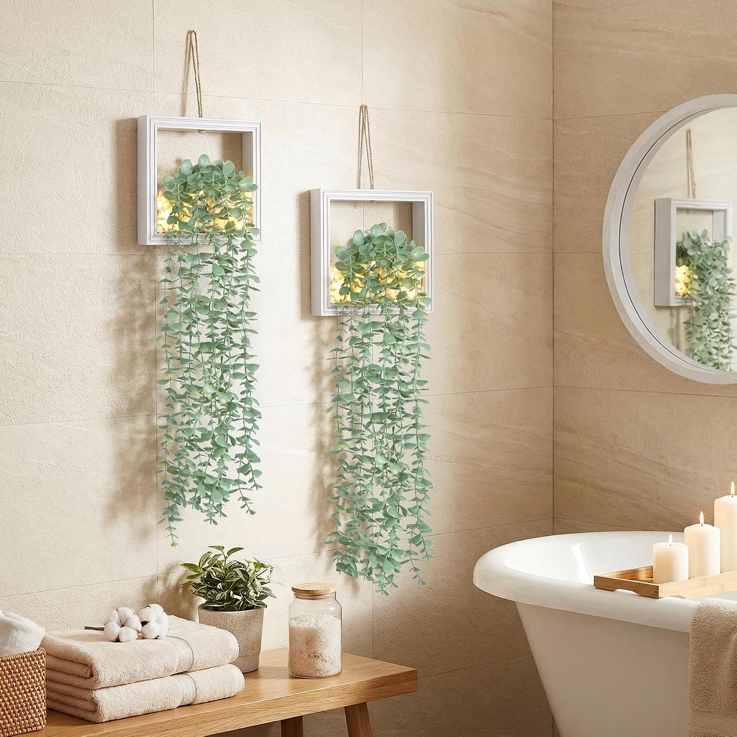 Artificial Eucalyptus Vines in Square Wooden Frame / 7.8" White / Set of 2