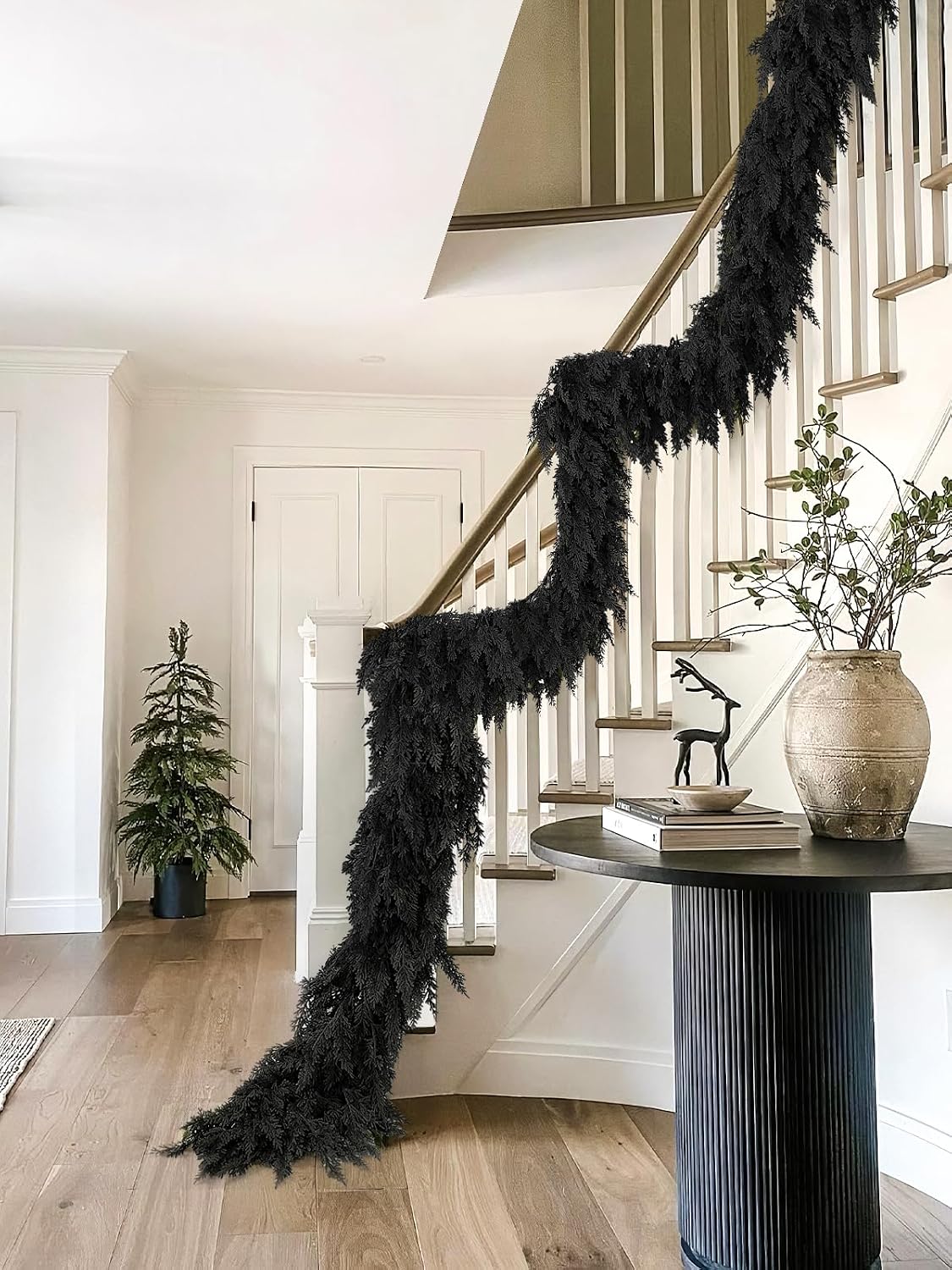 2PCS 9FT Halloween Cedar Garland, Black Real Touch Christmas Decorations | Realistic Thick Soft Full Lush Artificial