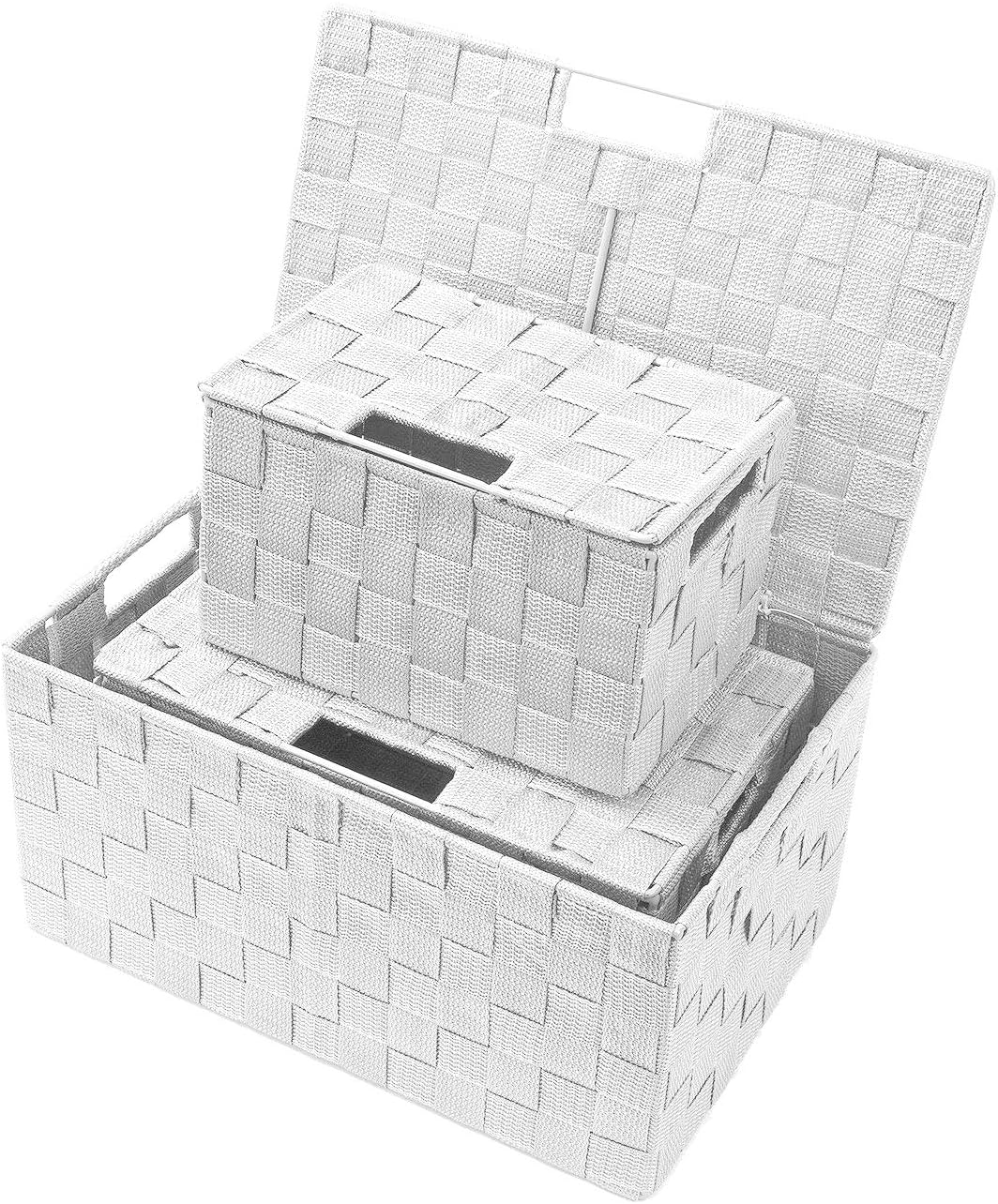 Hand-Woven Storage Baskets / Lid Bins / White / Set of 3