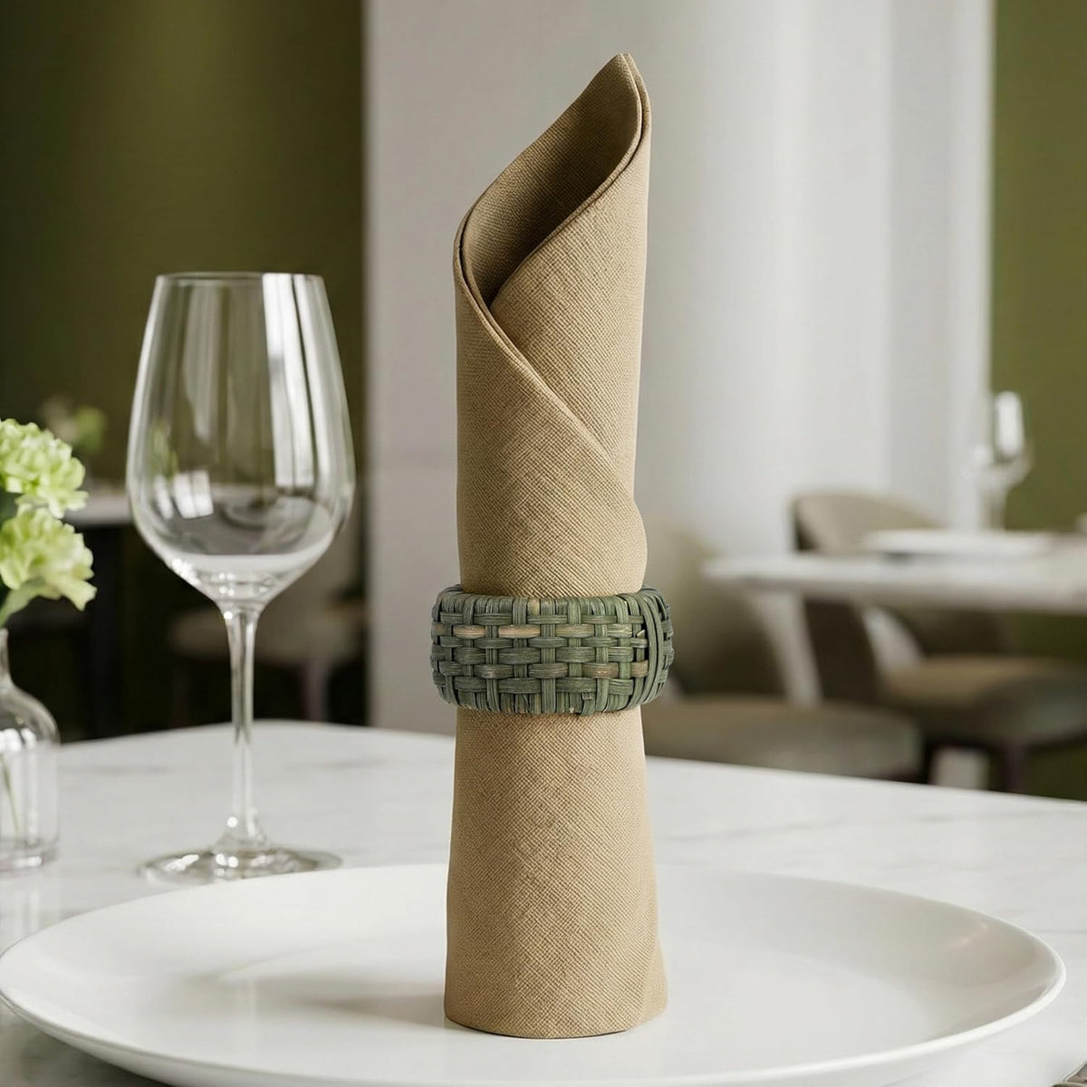 Artisan Cane Napkin Rings Set of 12, Earthy Woven Dinner Napkin Holders, Natural Bohemian Farmhouse Table Accessory for