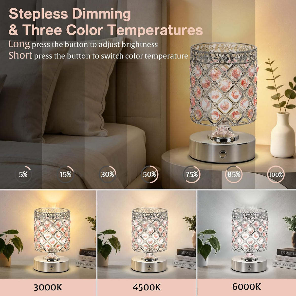 Pink Crystal Rechargeable Cordless Table Lamp, Touch Small Desk Lamp | 6000mAh Battery, 3 Color Temps, Stepless