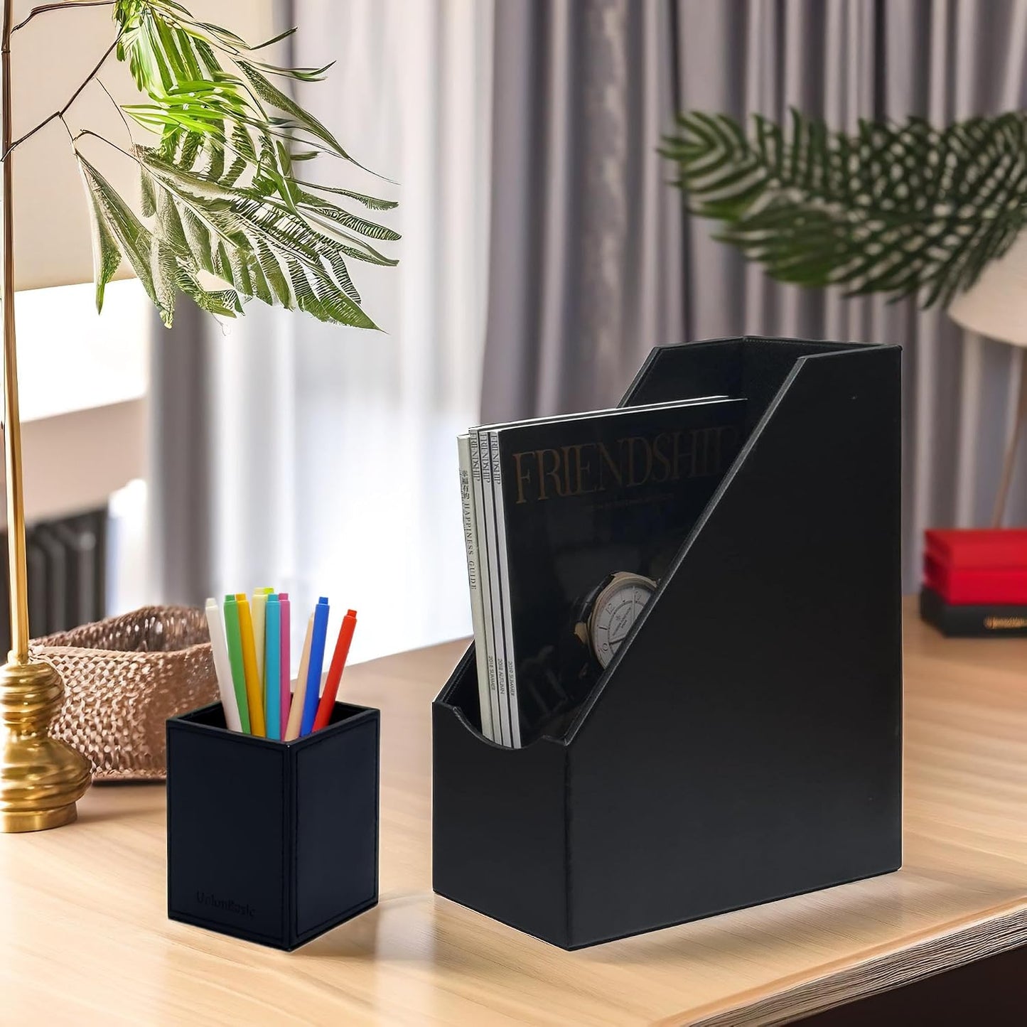 UnionBasic Magazine File Holder, Leatherette Desktop Document Organizer, Home Office Paper Holder File Storage