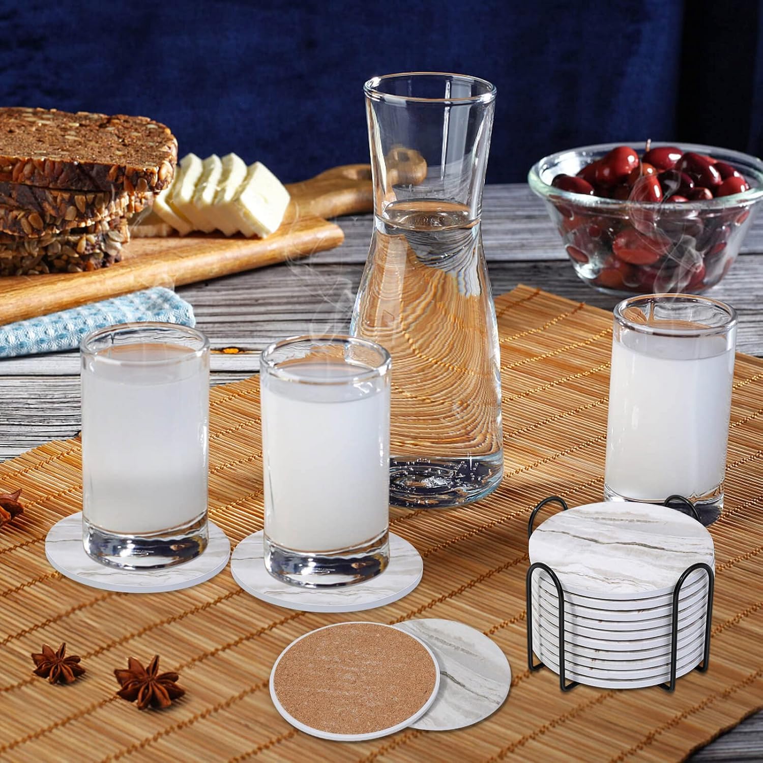 Holder / Marble Style Ceramic Coaster for Wooden Table / Griege / Set of 10