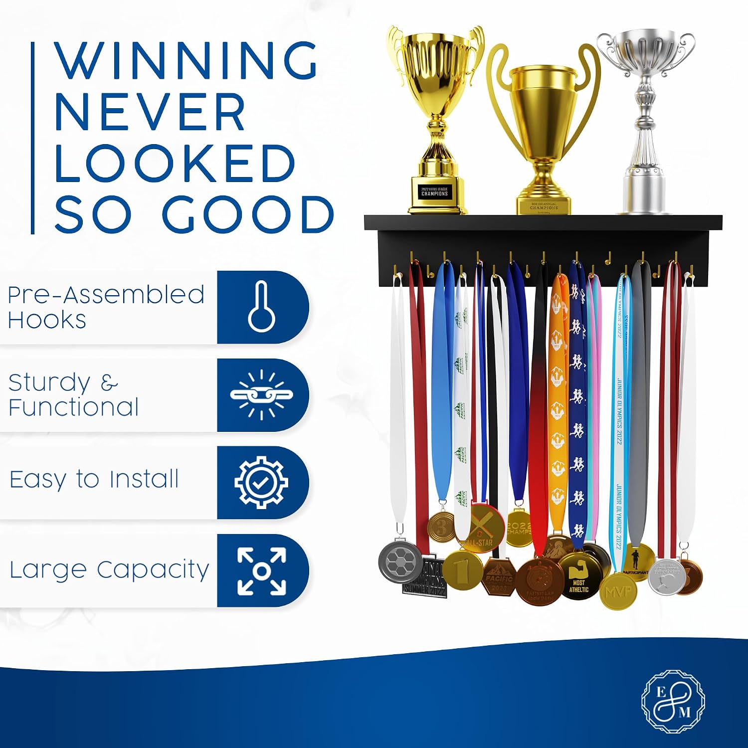 EVERMORE Medal Hanger Display and Trophy Shelf with Hooks - Wooden Medal Holder for Wall Mount Ribbon Display, Trophy