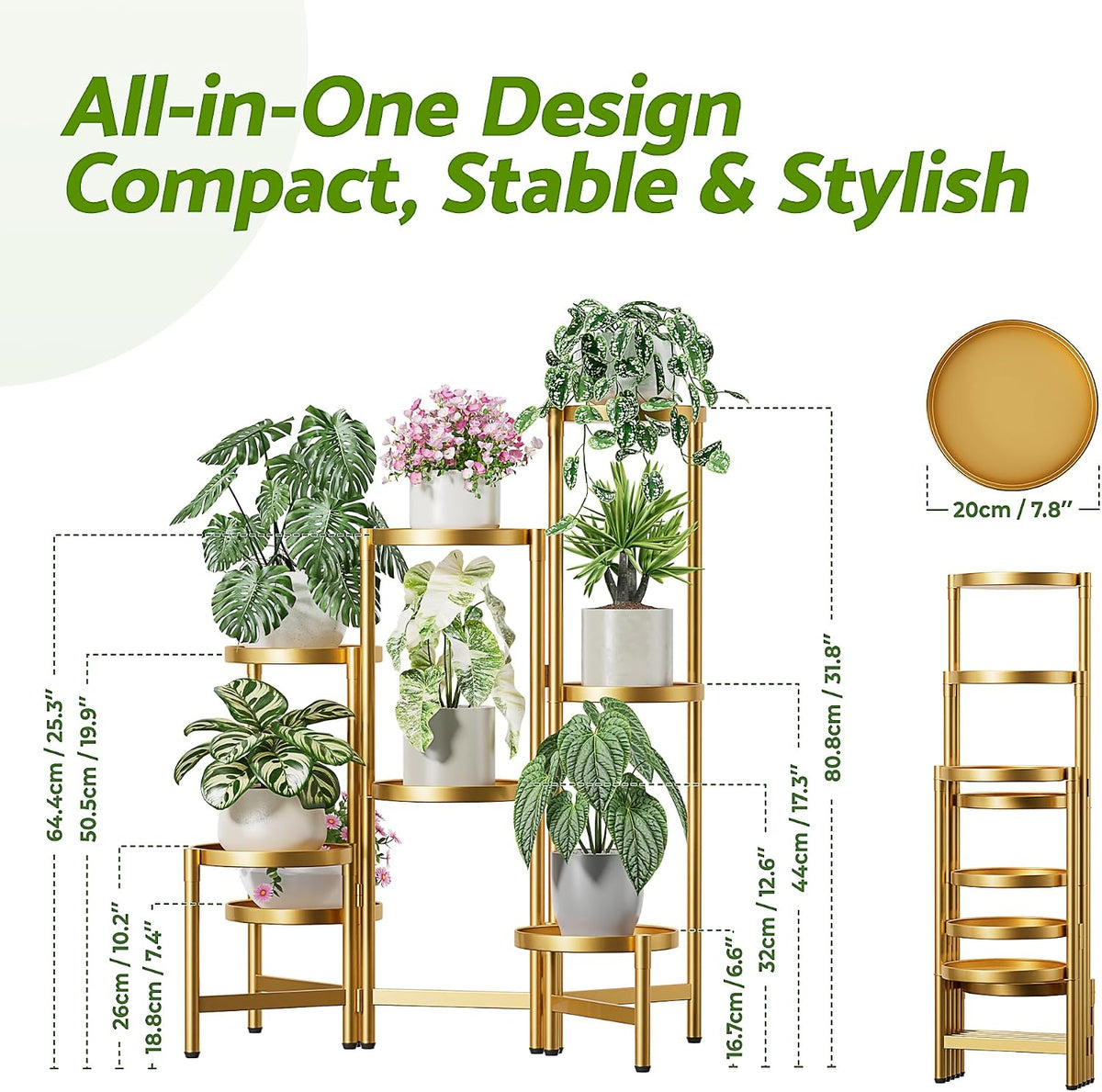 Gold Plant Stand, 8 Tiered Plant Stand Indoor for Multiple Large Planter, Tall Heavy Duty Adjustable Folding Rack with