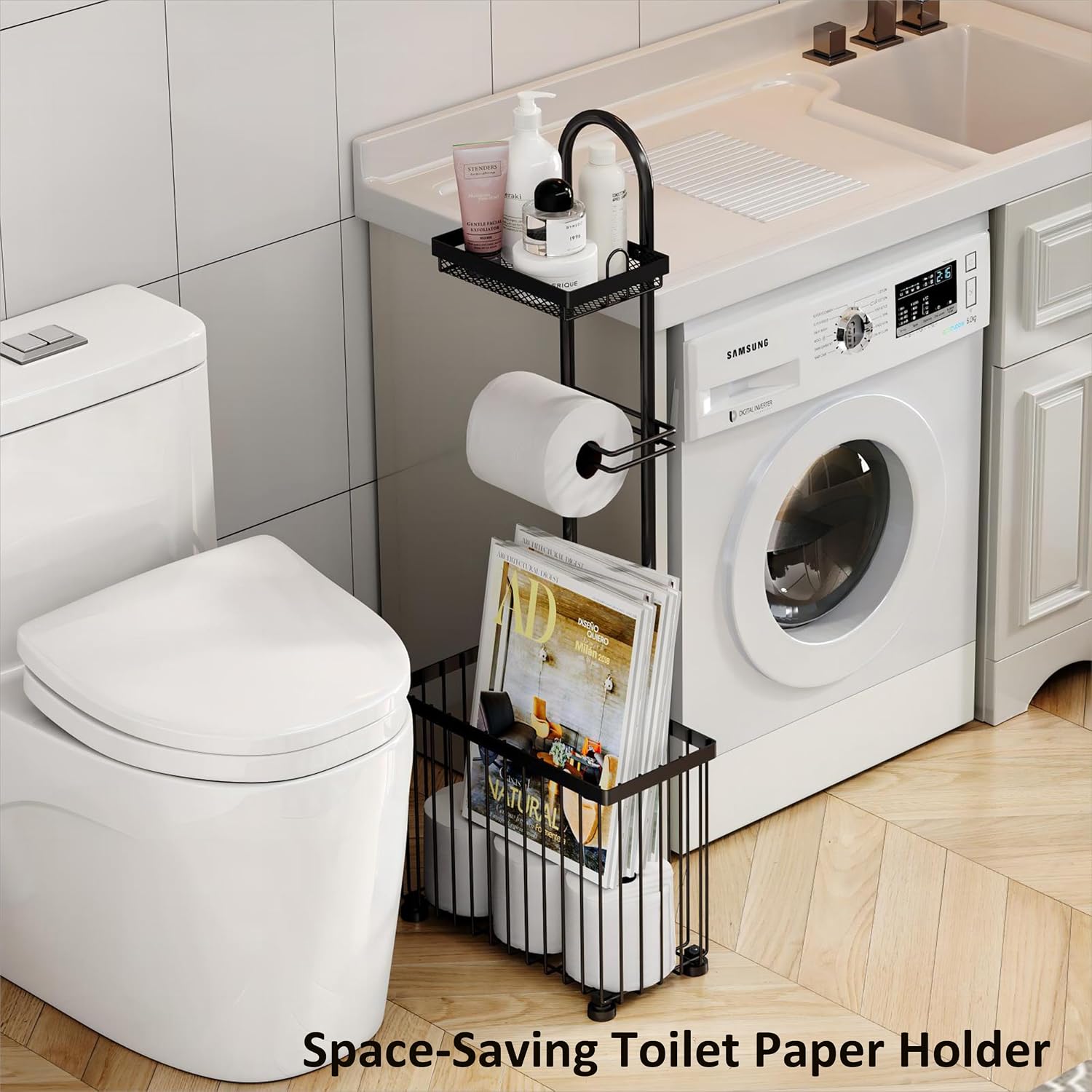 X-cosrack Freestanding Toilet Paper Holder Toilet Tissue Rack Scroll Stand Roll Dispenser with Storage Shelf Reserve