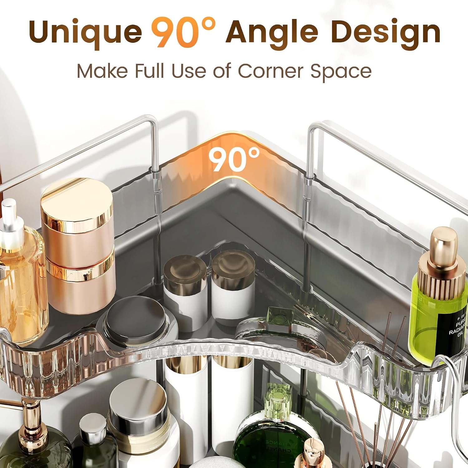 Bathroom Counter Organizer 3-Tier Corner Organizer with Hooks | Gray PET Counter Storage, Multi-Purpose for Bathroom