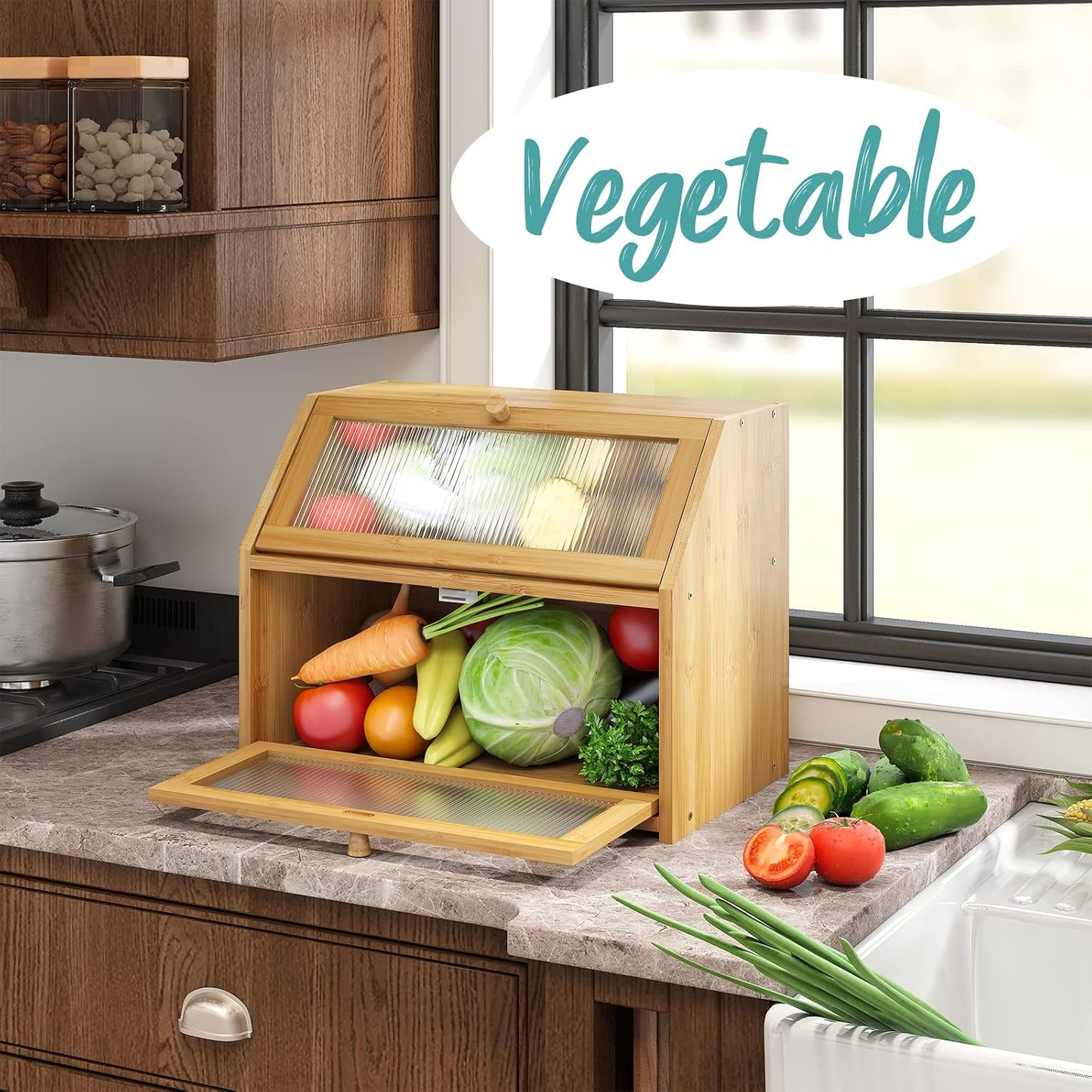 Bread Box for Kitchen Counter, Large Bamboo Wood Double Layer Bread Box, Wooden Bread Storage Capacity