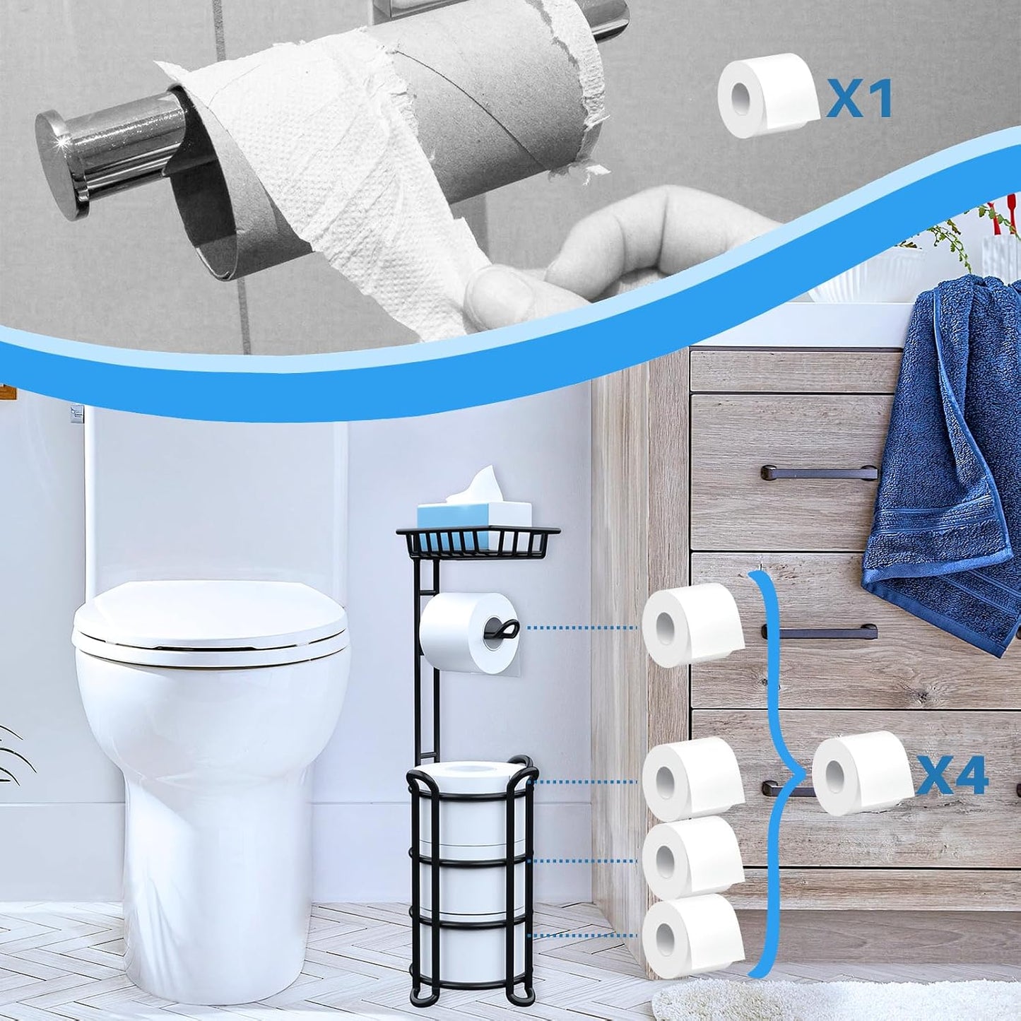 Toilet Paper Holder Stand with Shelf, Free Standing Tissue Roll Storage Rack with Dispenser for Bathroom, Black
