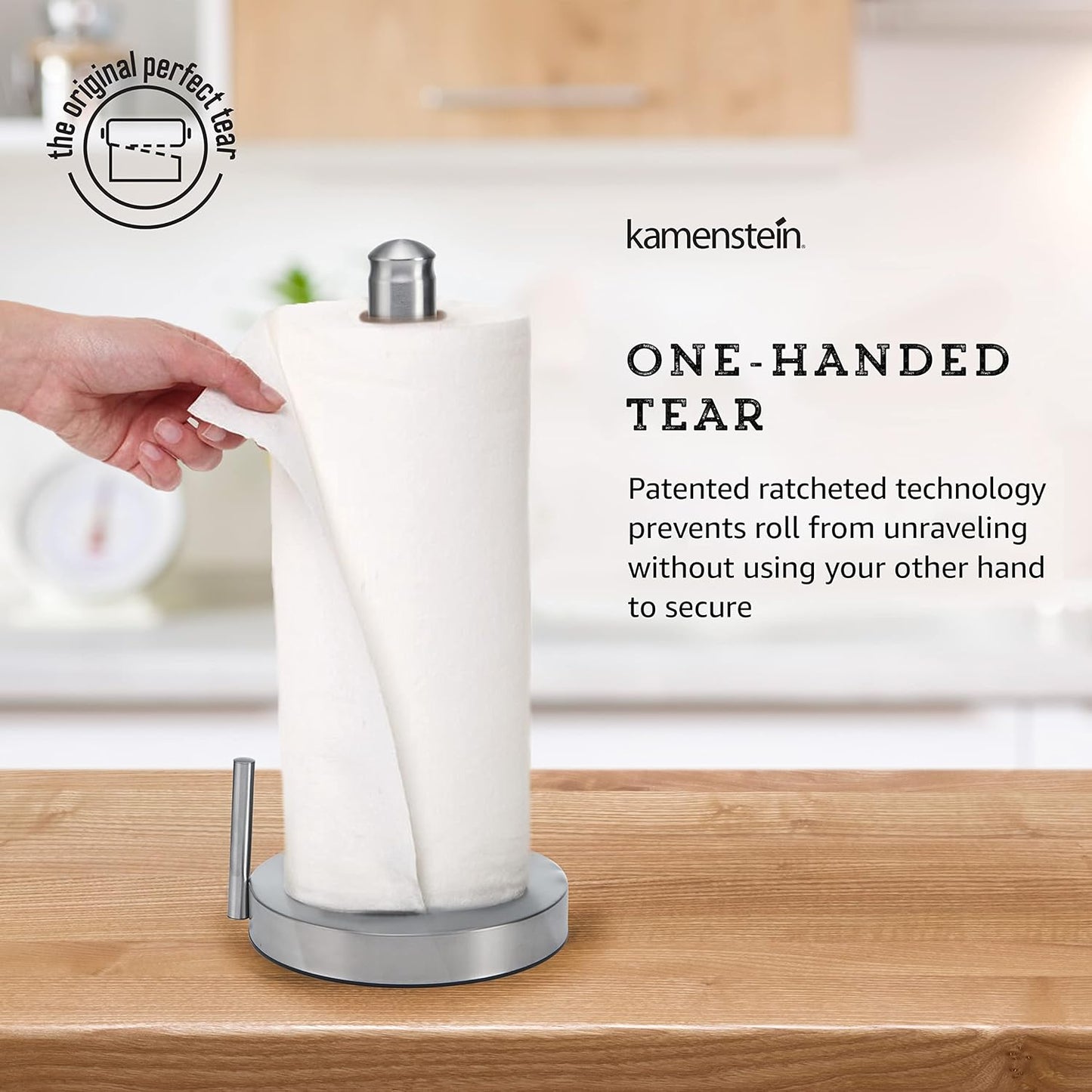 Kamenstein Paper Towel Holder Countertop with Patented Perfect Tear Technology - Brushed Stainless Steel, Weighted