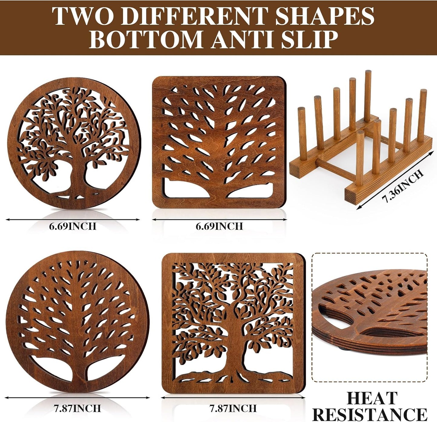 Beeveer 5 Pcs Life Tree Wooden Trivets with Storage Rack Hot Pads Trivets for Hot Dishes Pots and Pans Heat Resistant