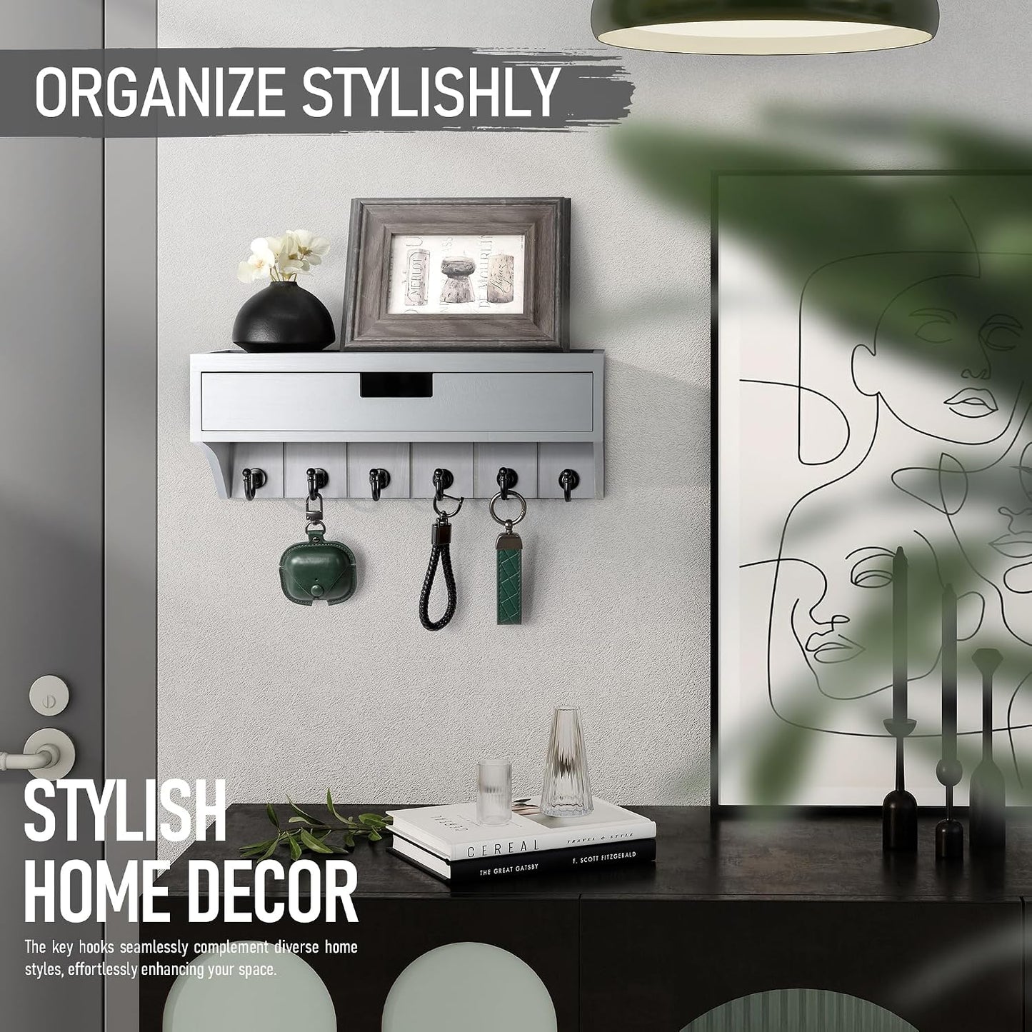 Modern Pine Wood Key Holder Wall Mount / Gray / 1-drawer