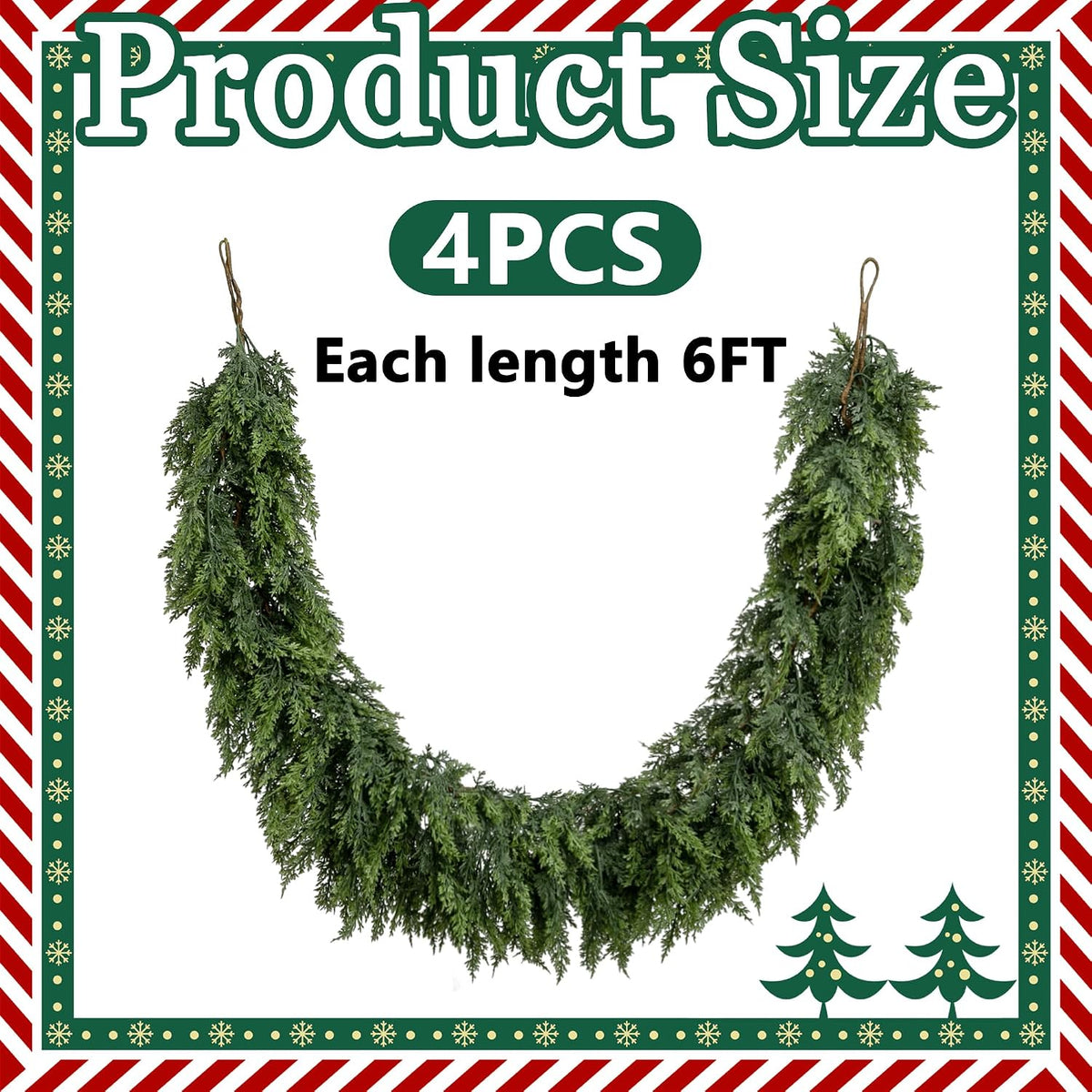 4 Pcs Double Color Christmas Norfolk Pine Garlands for Mantle Fireplace | 6 Ft Real Touch Artificial Cedar Garland