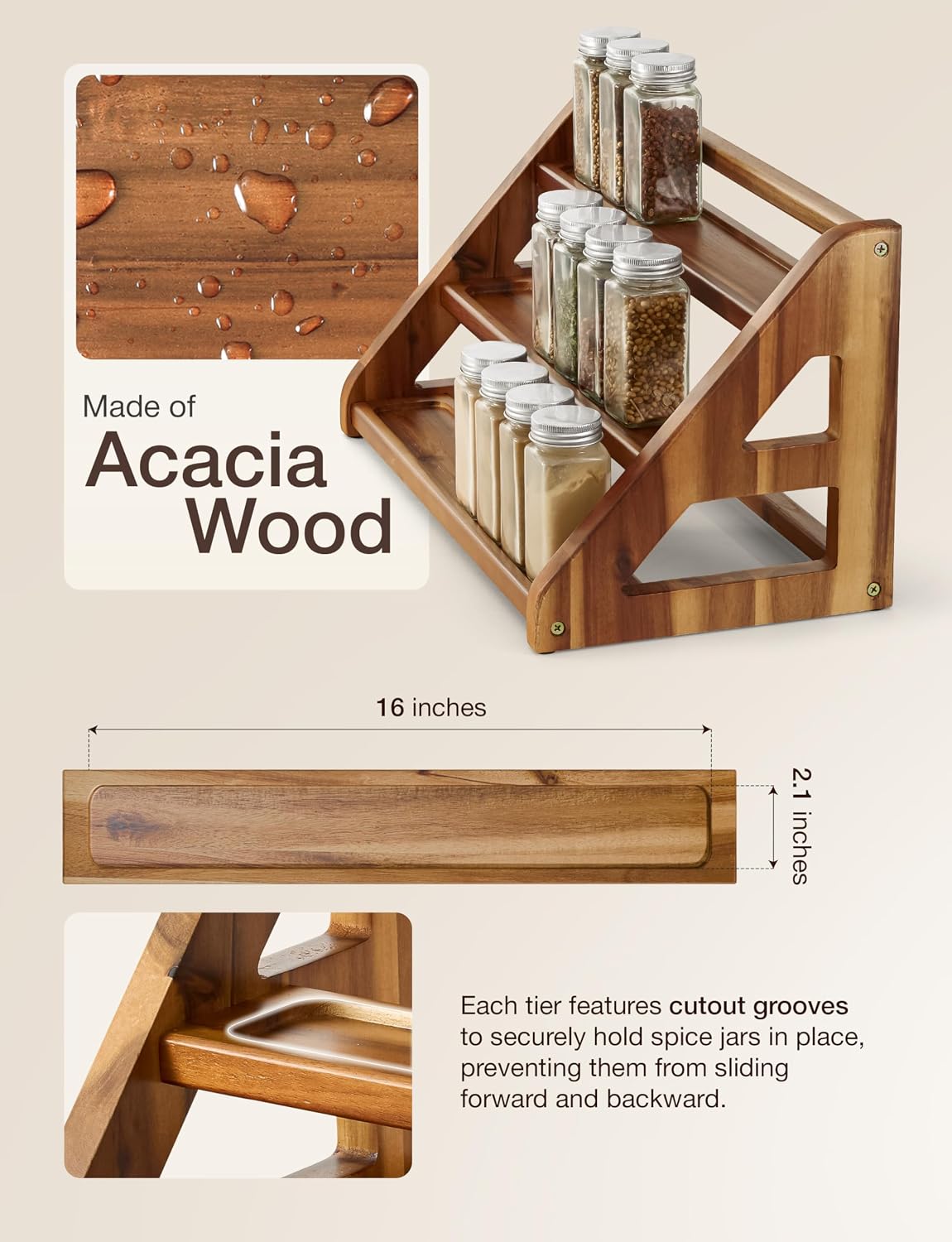 Tinamo Acacia Wood Spice Rack for Countertop, 3-Tier Design, Holds 24 Jars | Solid Acacia Wood, 3-tier Spacious Design