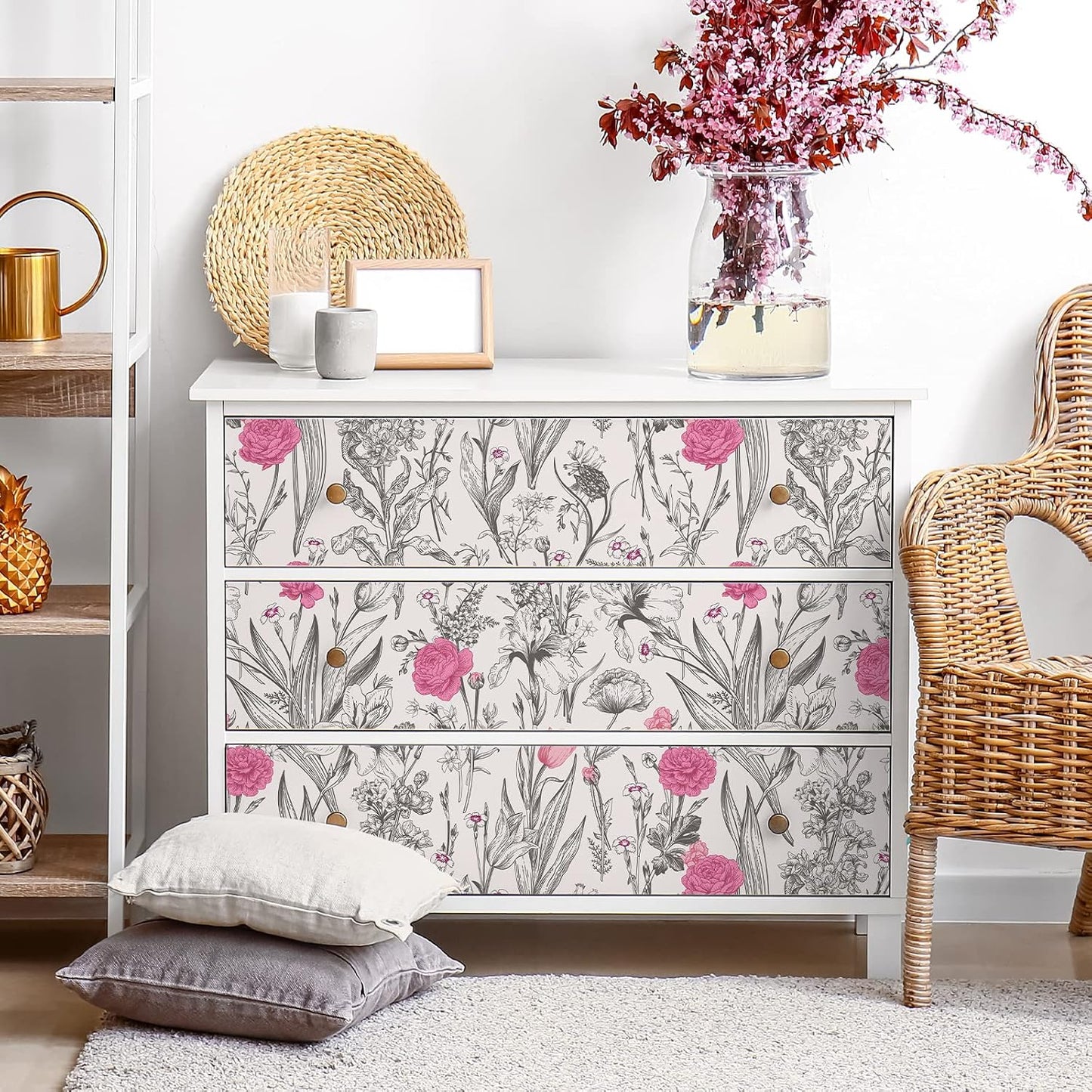 17.7''x354'' Grey Sketch Floral Wallpaper Vintage Pink Flower Peel / 17.7 x 354 / Grey, Pink