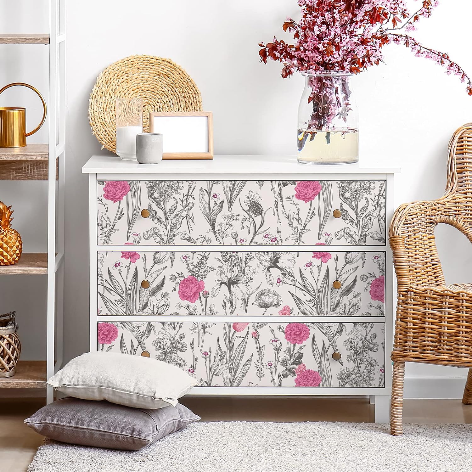 17.7''x354'' Grey Sketch Floral Wallpaper Vintage Pink Flower Peel / 17.7 x 354 / Grey, Pink