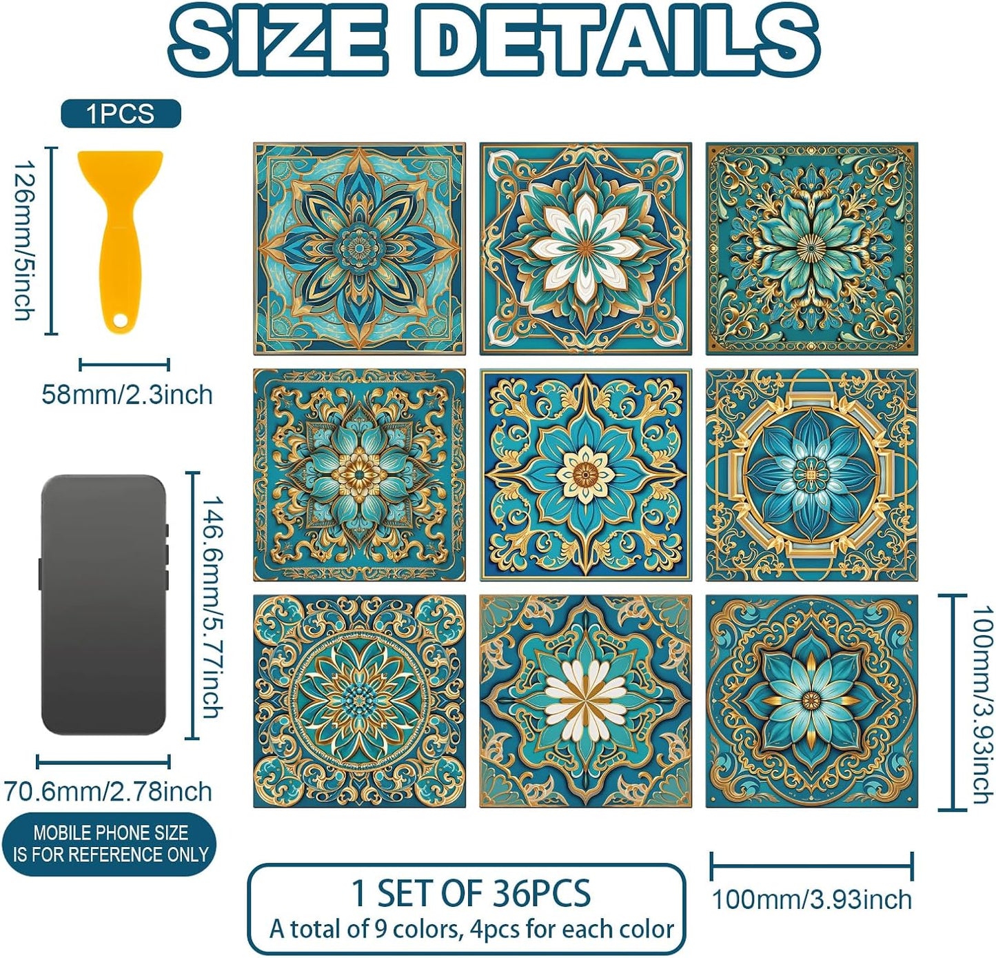 9 Style Retro Style Tile Stickers Turquoise Peel and Stick Wall Tile / Turquoise Color / Set of 36
