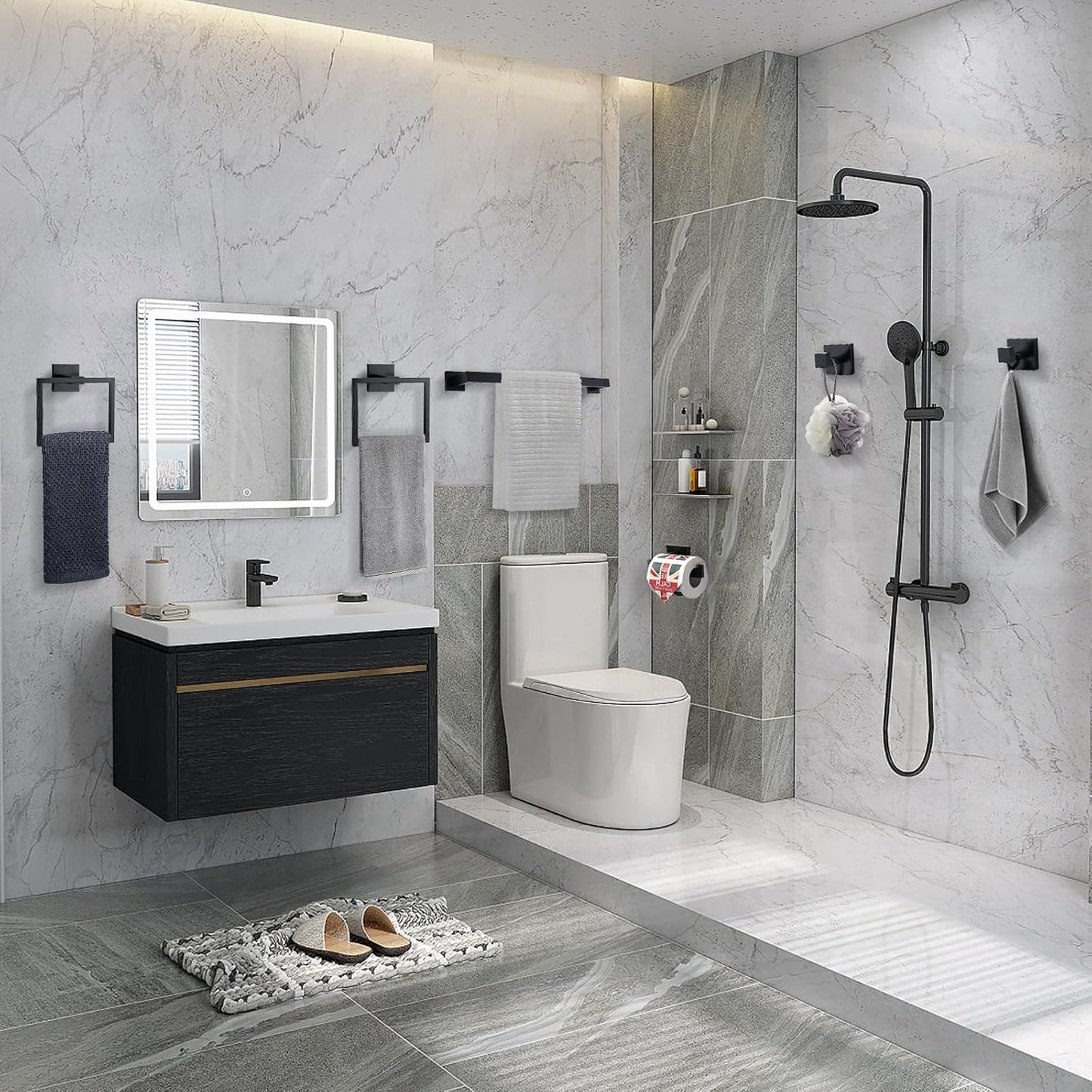 TQKAG 6-Piece Towel Bar Set, 23.6 Inch Bathroom Hardware Set, Matte Black | Stainless Steel, Wall Mounted, Black