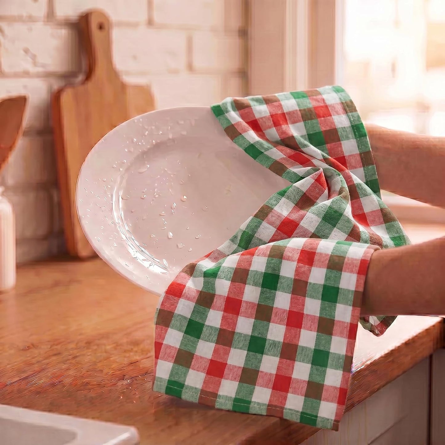 Urban Villa Kitchen Towels Cotton Dish Towels 20”x30” (Set of 6)Red/Grn/Wht