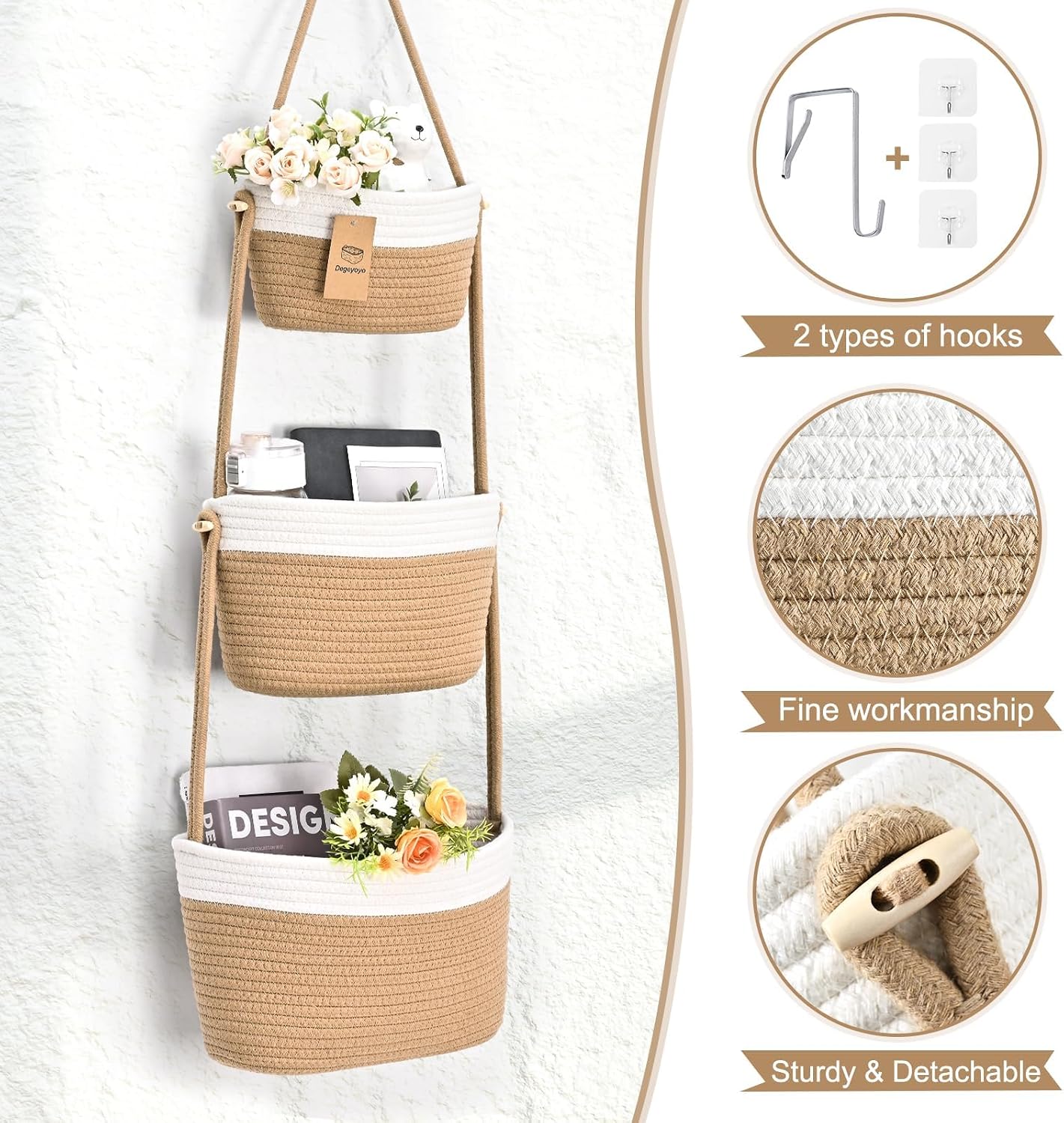 3-Tier Woven Wall Basket / Classic / Jute & White