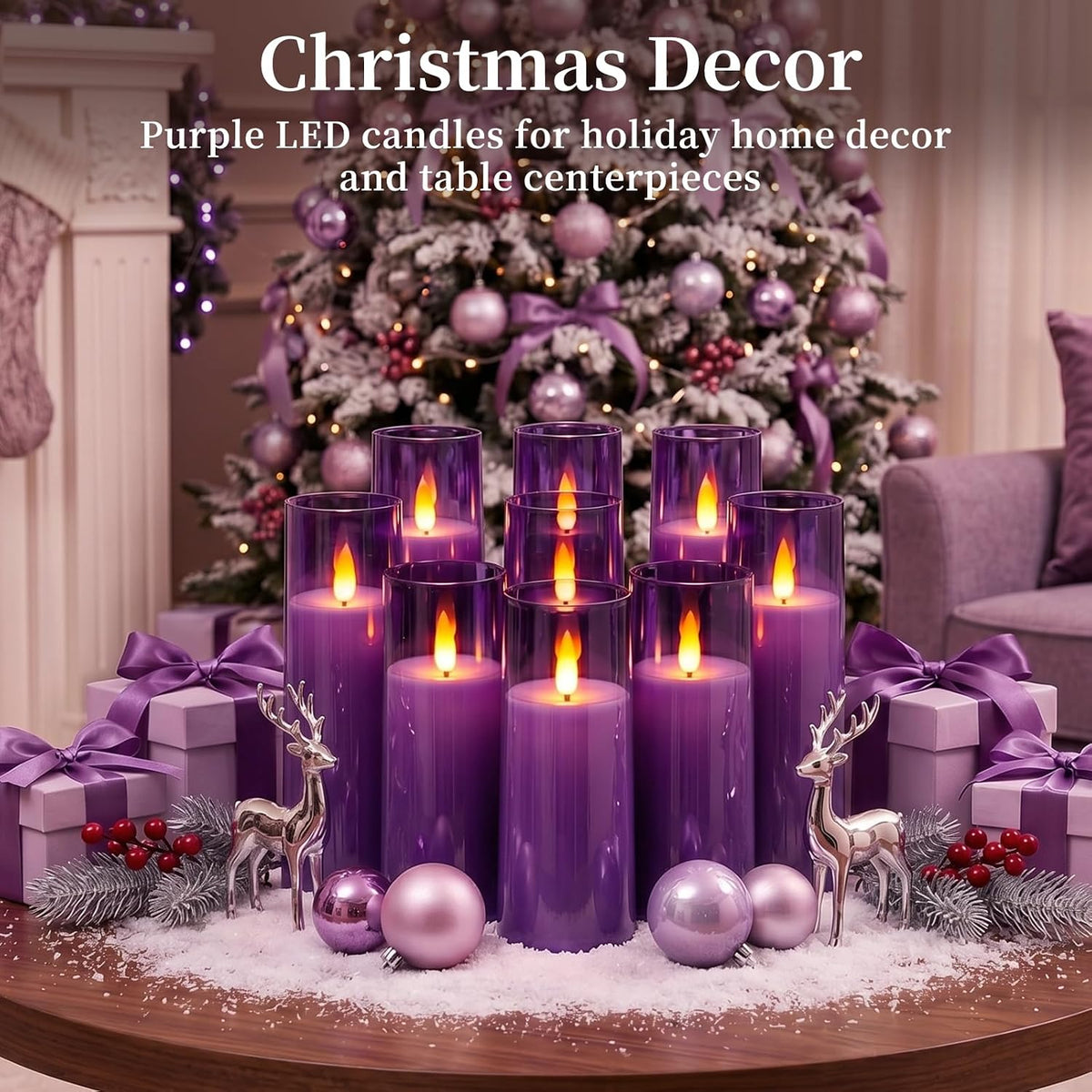 Homemory Purple Flameless LED Pillar Candles, Remote Timer, 9 Pack | Battery operated flickering LED pillar candles