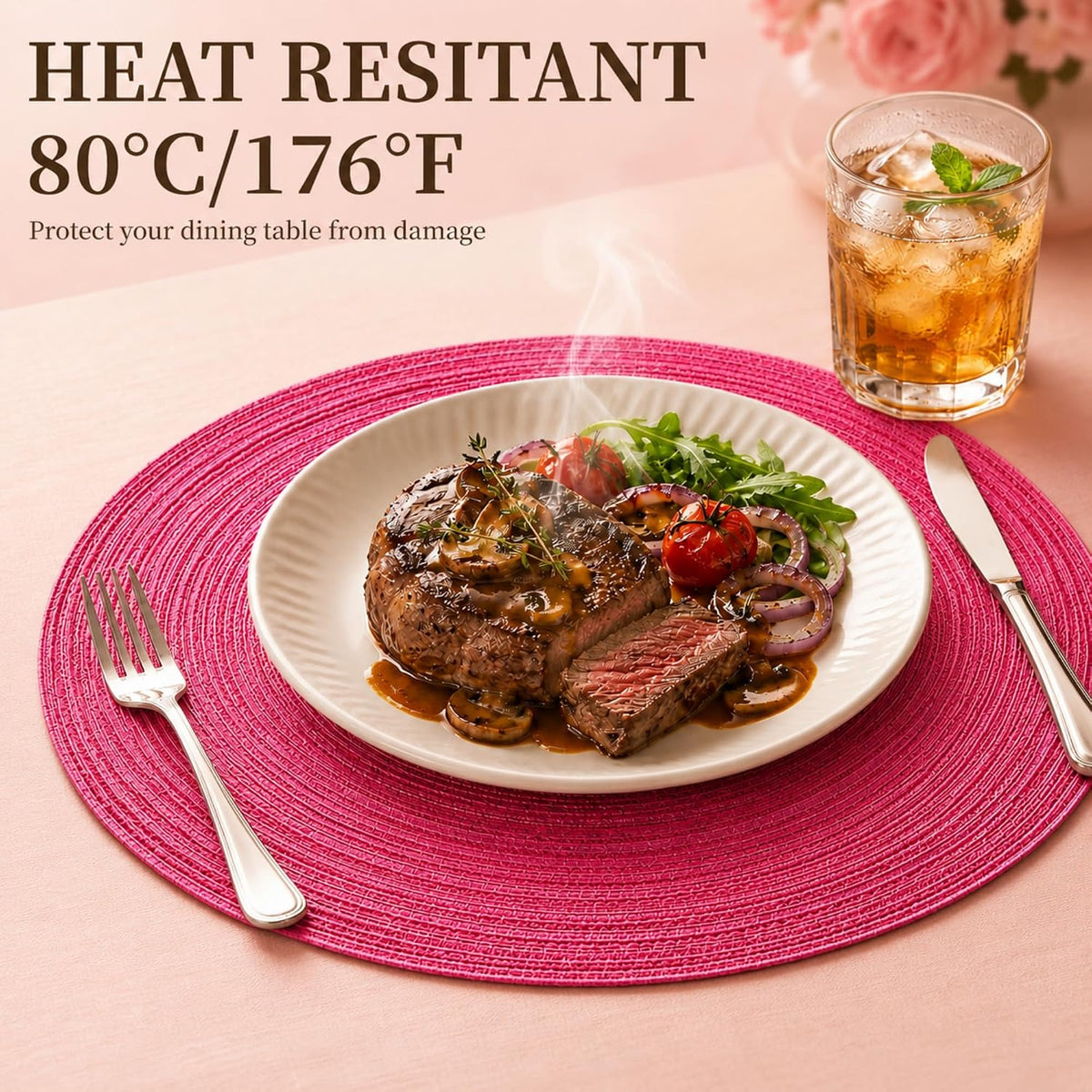 TaroKitc 15 in Round Placemats Set of 8, Washable Woven Placemats Heat Resistant Cotton Polyester Braided Table Mat