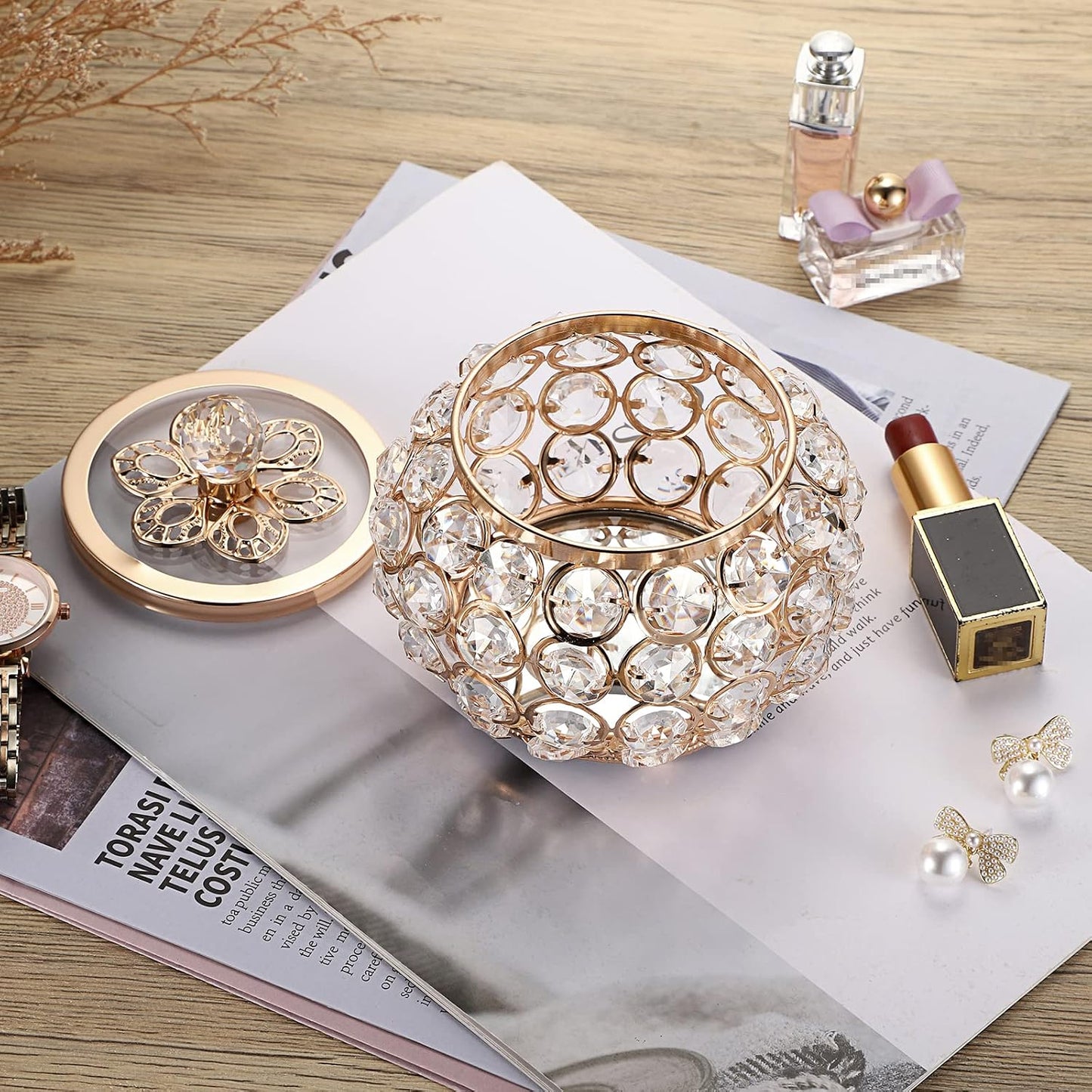 Glass Lid Trinket Organizer Mirrored Treasure Box Ring Holder Earrings Necklace / Small / Gold