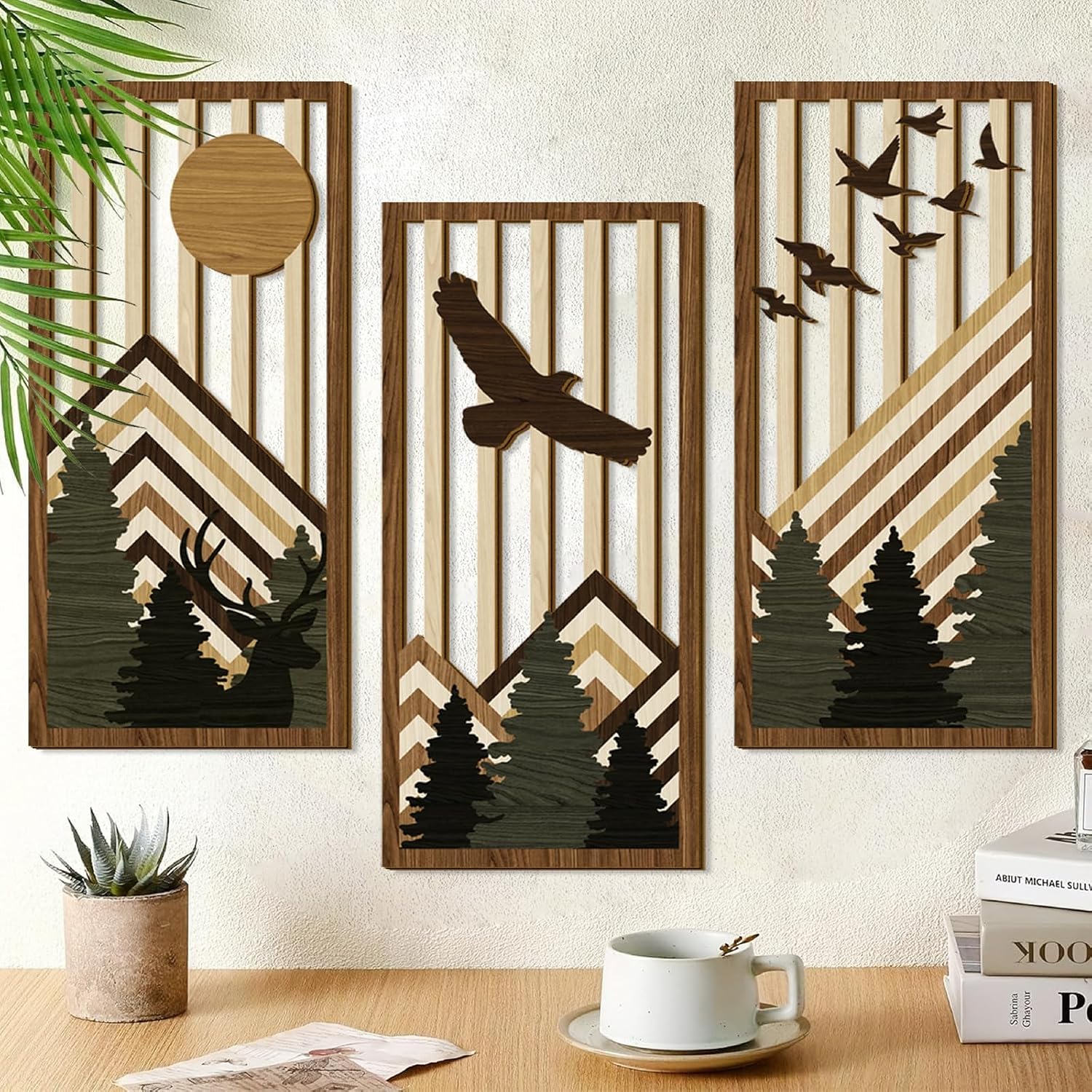 Wooden Boho Mountain Wall Art Mid Century Modern Wall Decor Nature / Brown Mountain / Set of 3