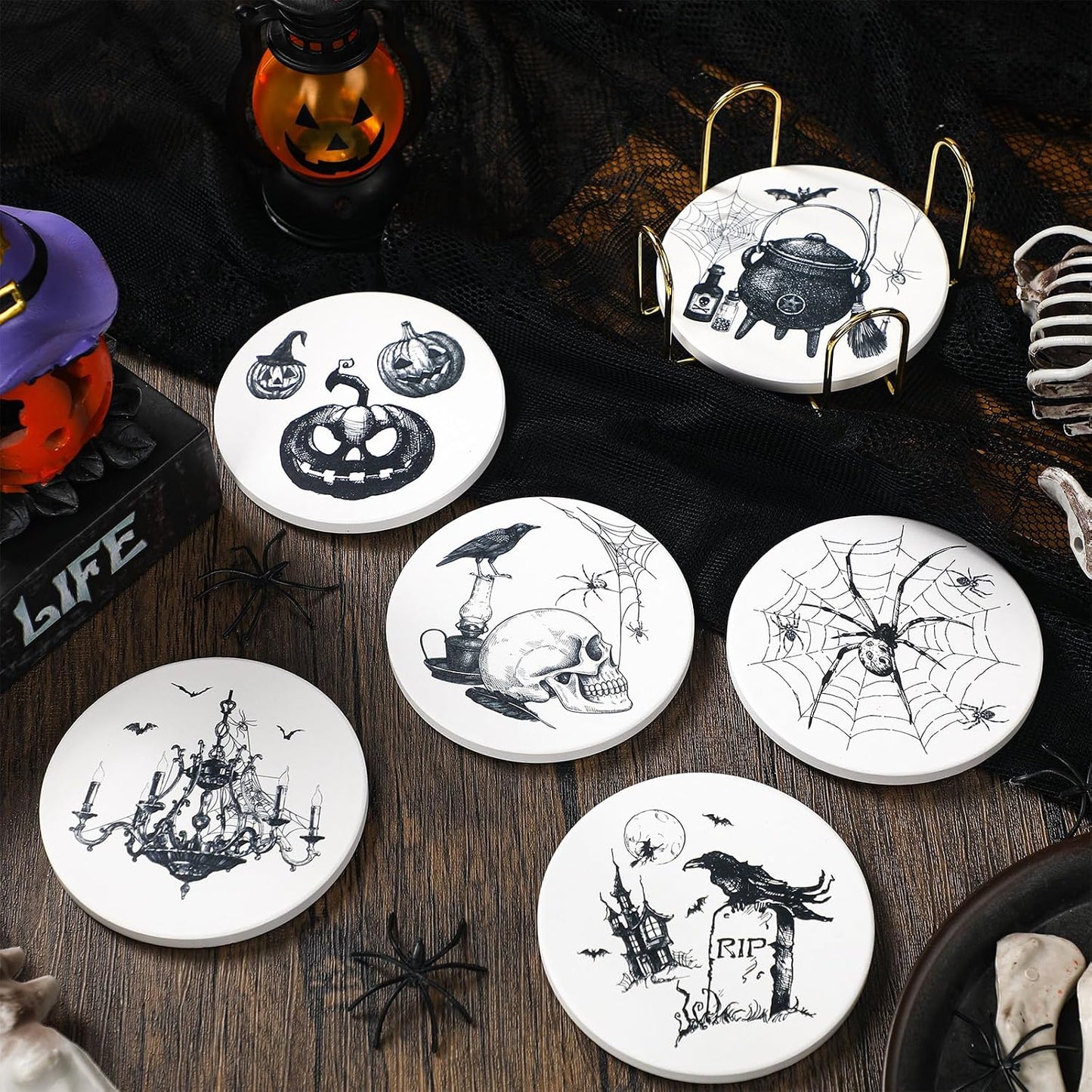 Vintage Gothic Coasters Spider Skull Raven Bottle Design Drink Coaster / Halloween / Set of 6