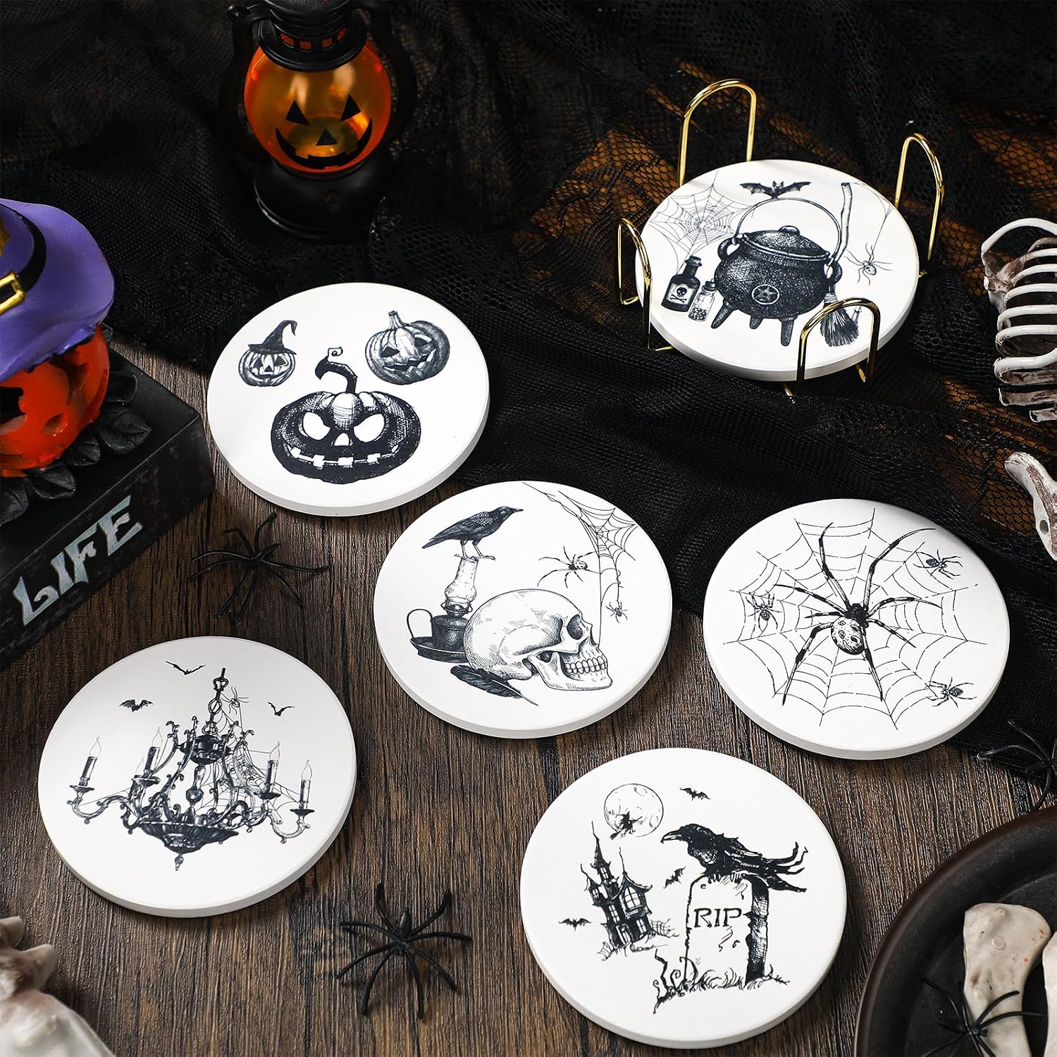 Vintage Gothic Coasters Spider Skull Raven Bottle Design Drink Coaster / Halloween / Set of 6
