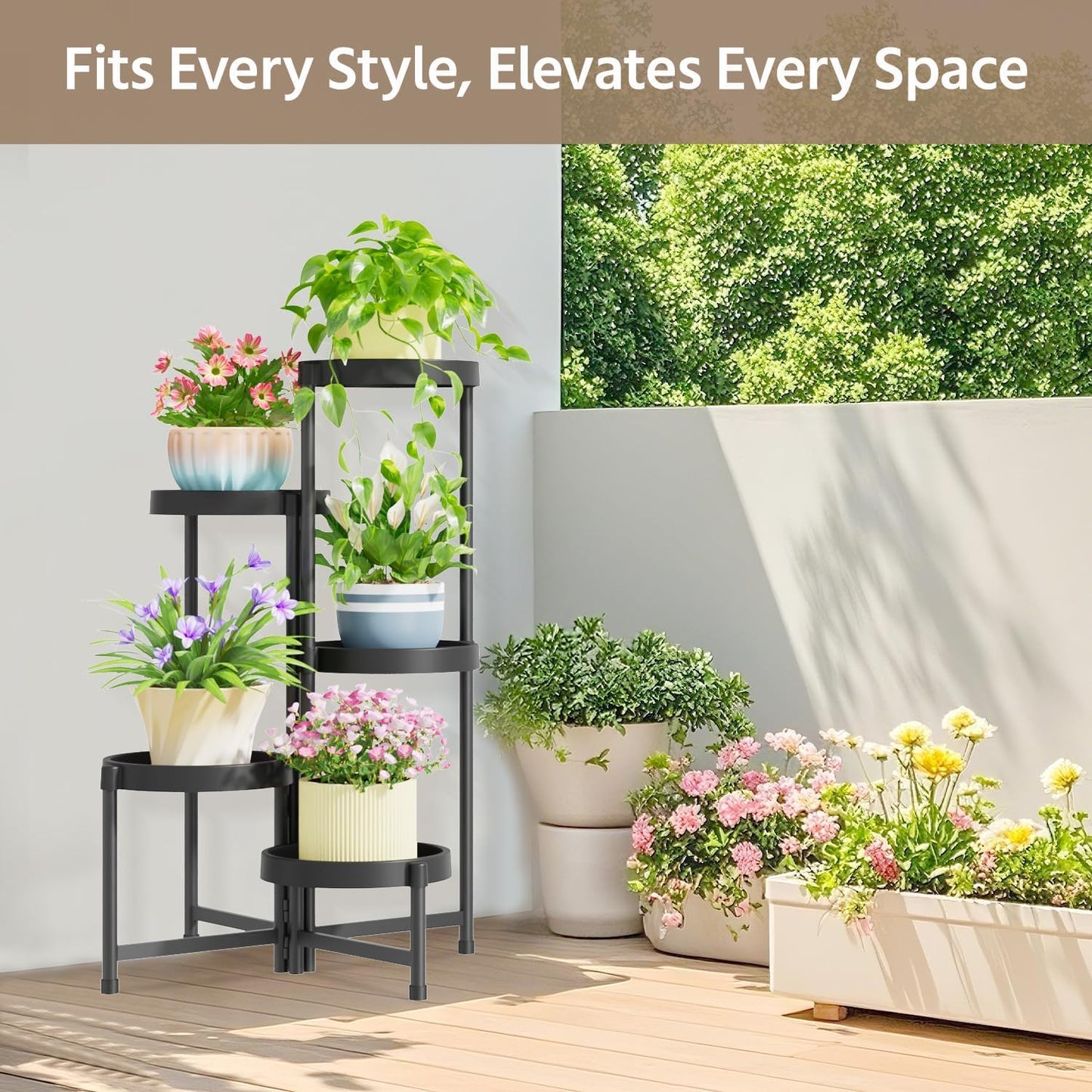 LASZOLA Plant Stand Indoor Outdoor Tall with Plastic Tray, 5 Tiers Black | Corner Folding Flower Display Rack, Modern