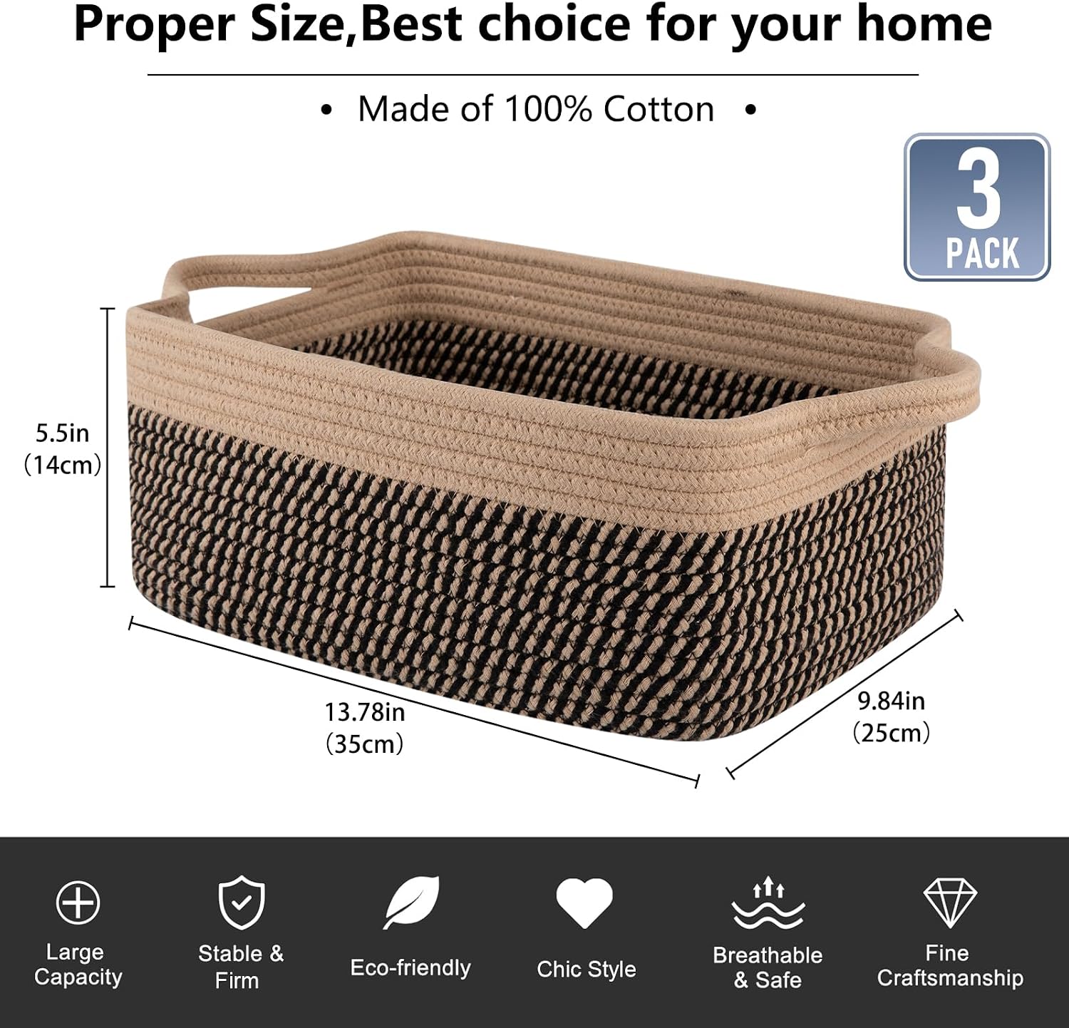 Woven Cotton Rope Basket / Brown & Black / 13.8''x9.8''x5.5 / Set of 3