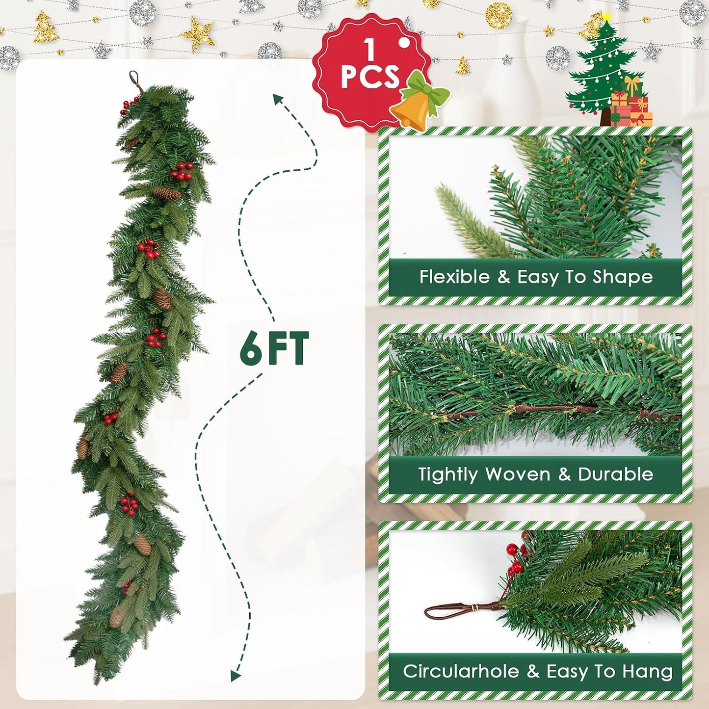 Winter Decor Artificial Norfolk Pine Christmas Garland, 6FT | Cedar Eucalyptus Greenery Realistic Tree for Mantel