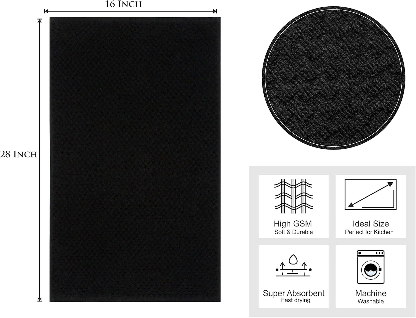 COTTON CRAFT Amazing Kitchen Towel - 12 Pack 100% Cotton Waffle Terry Towel | Black - 16x28 inch Euro Café Waffle Weave