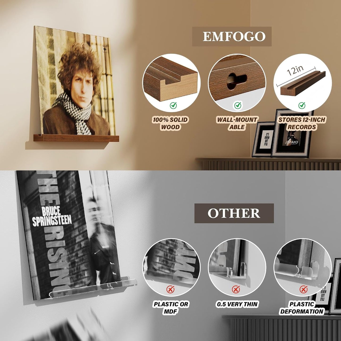 Emfogo Vinyl Record Shelf Wall Mount, 12 Pack Album Record Holder Wall, 12 inch Vinyl Record Storage Shelves Wall, Wood