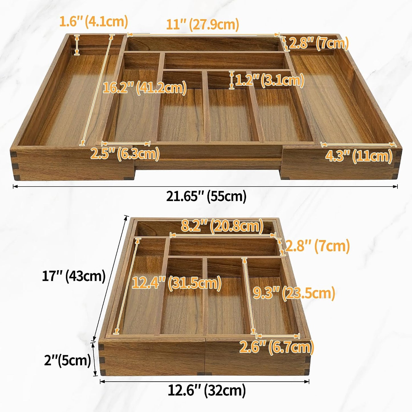 Luxury Acacia Kitchen Drawer Organizer - Silverware Organizer - Utensil Holder and Cutlery Tray with Grooved Drawer