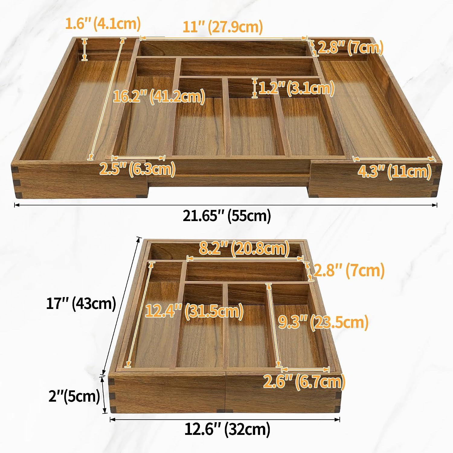 Luxury Acacia Kitchen Drawer Organizer - Silverware Organizer - Utensil Holder and Cutlery Tray with Grooved Drawer