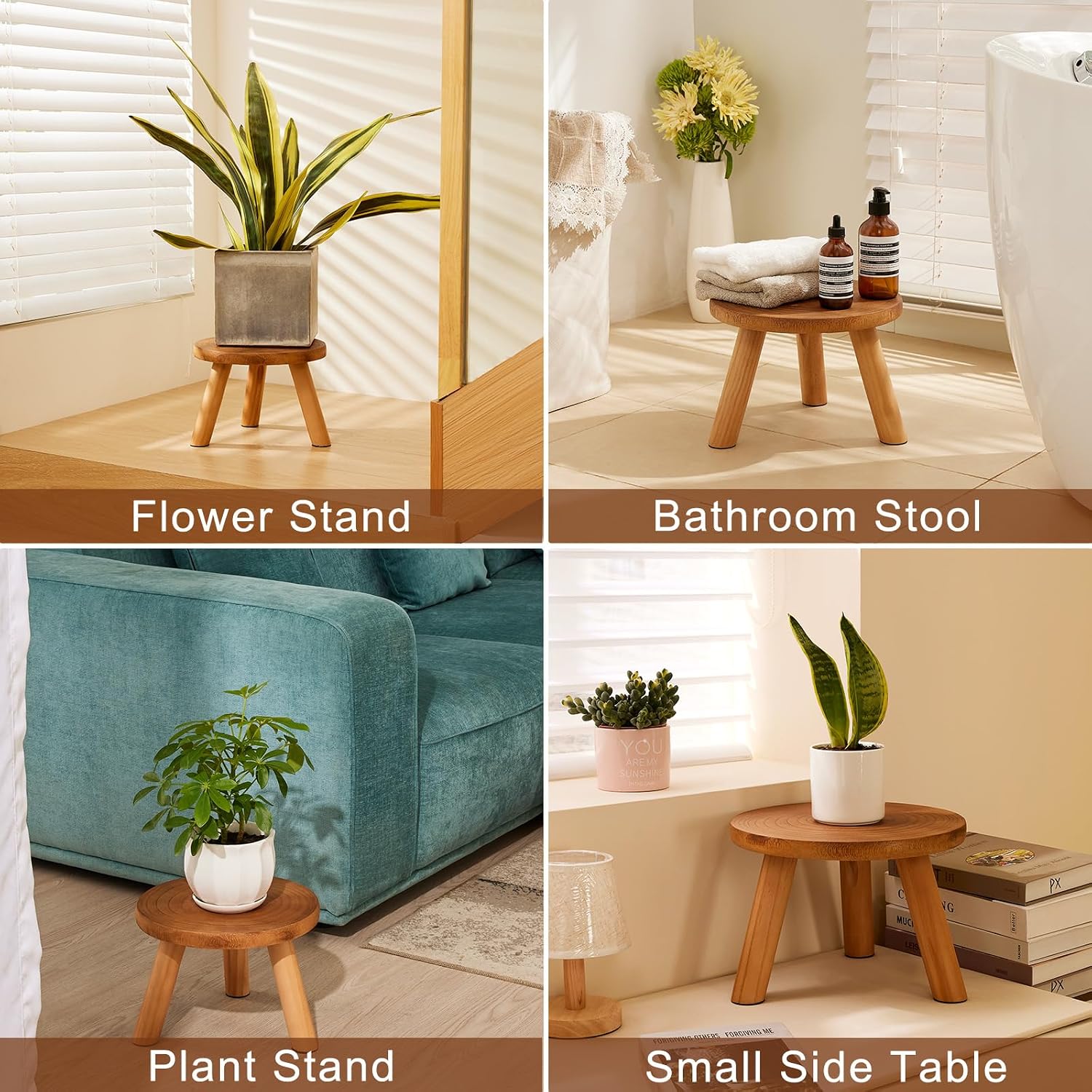 2 Pcs Plant Stand Indoor,11-12" Wood Plant Stand Holder with Growth Ring | Solid Wood Mid Century Modern Round Plant
